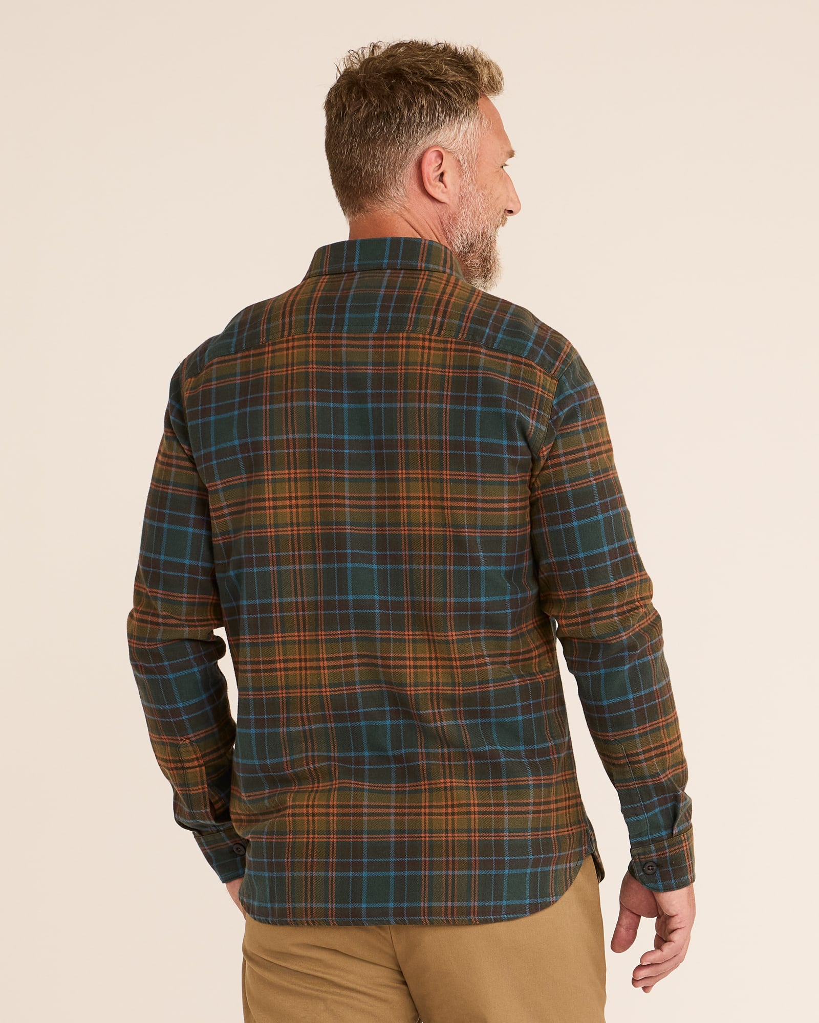 Model Photo of Back of Pendleton Men's Burnside Shirt Olive/Blue/Rust Plaid