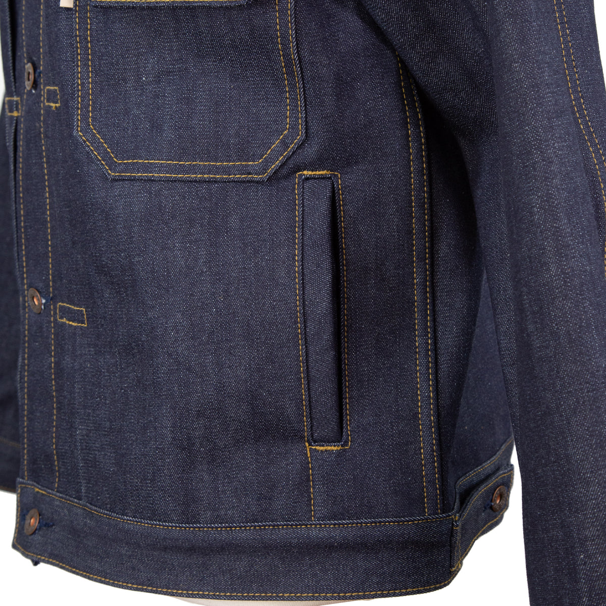 Hand Warmer Pocket Detail of Type 2 X110 13.5 Oz Classic Indigo Selvedge Jacket
