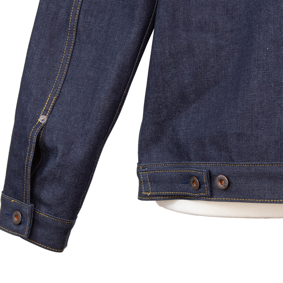 Cinch Detail and Sleeve of Type 2 X110 13.5 Oz Classic Indigo Selvedge Jacket