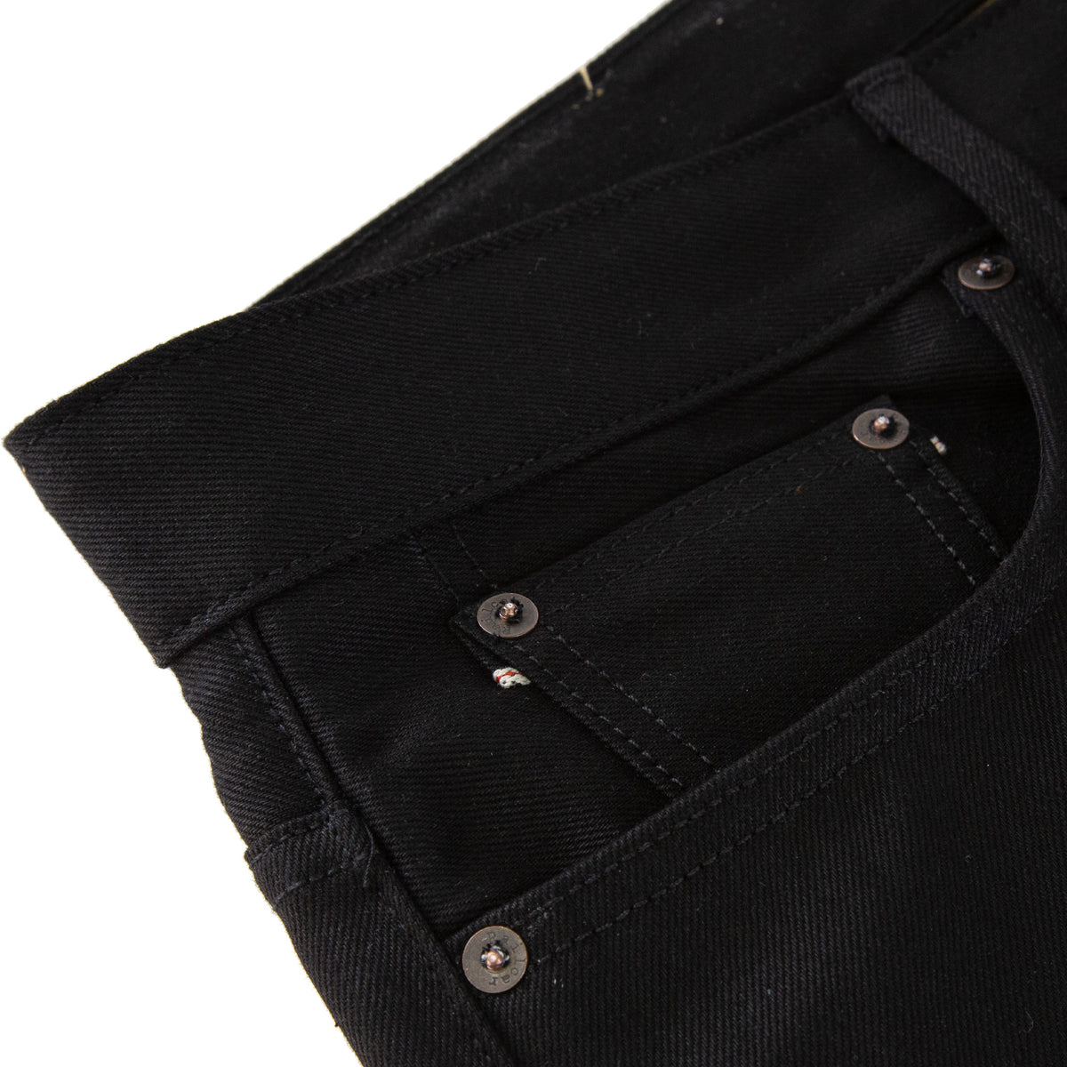 Coin Pocket Peek-a-boo Selvedge Detail of Spikes X111 Taper Leg 13.5 Oz Double Black Selvedge
