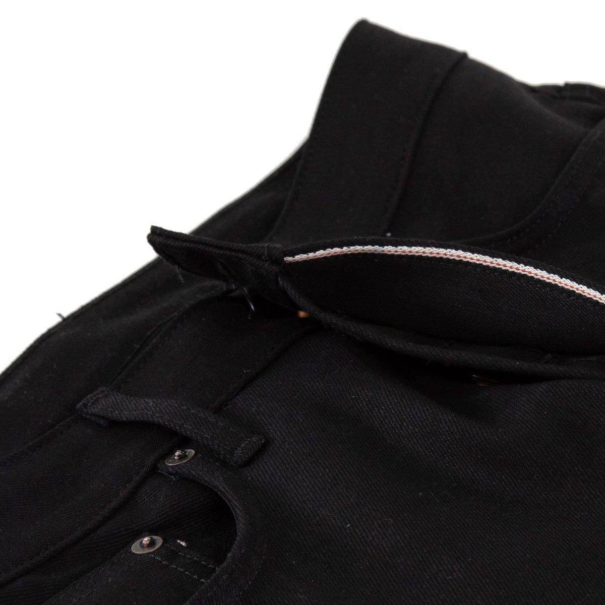 Fly Selvedge Detail of Spikes X111 Taper Leg 13.5 Oz Double Black Selvedge
