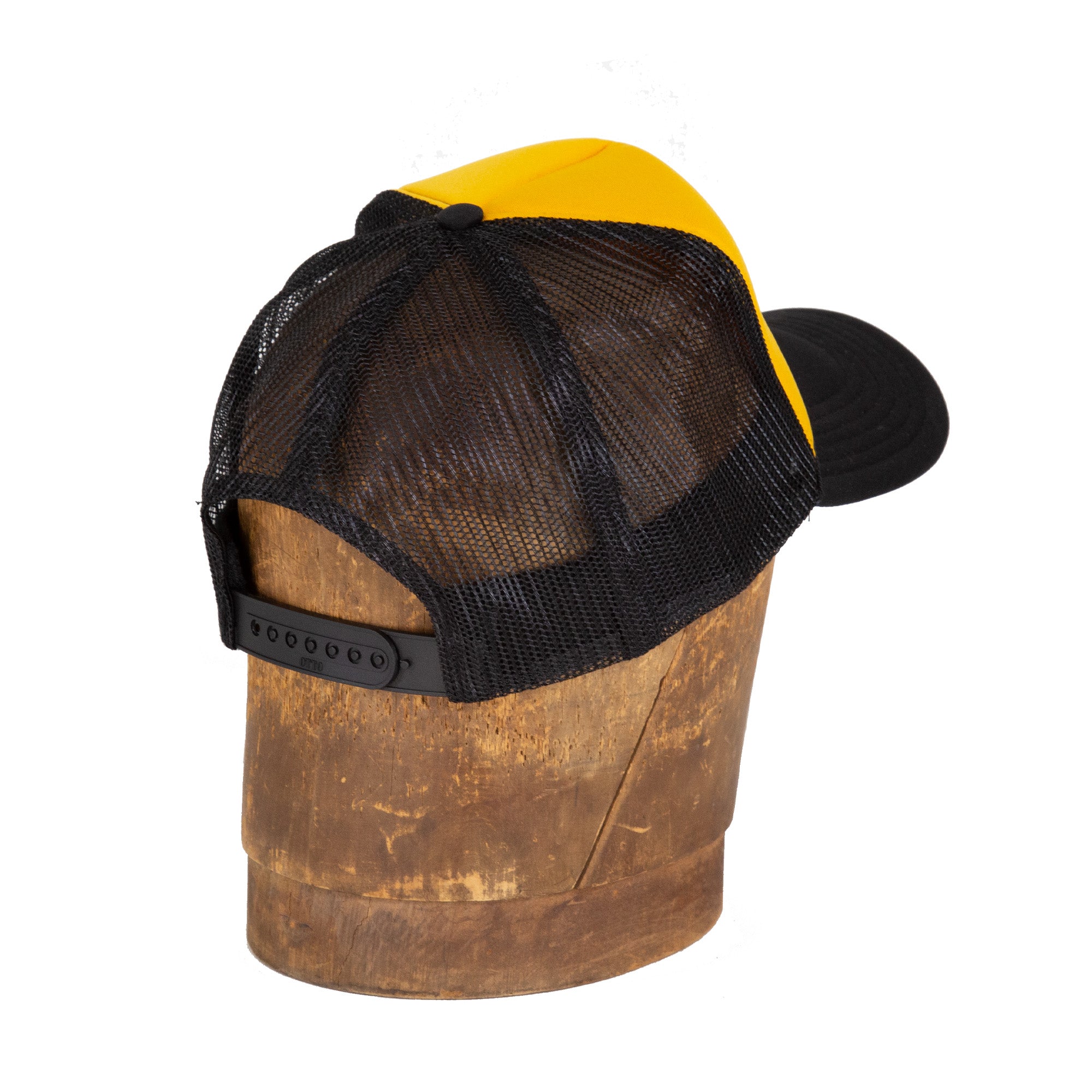 Back Angle of Railcar Typography Trucker Embroidered Yellow Black Hat