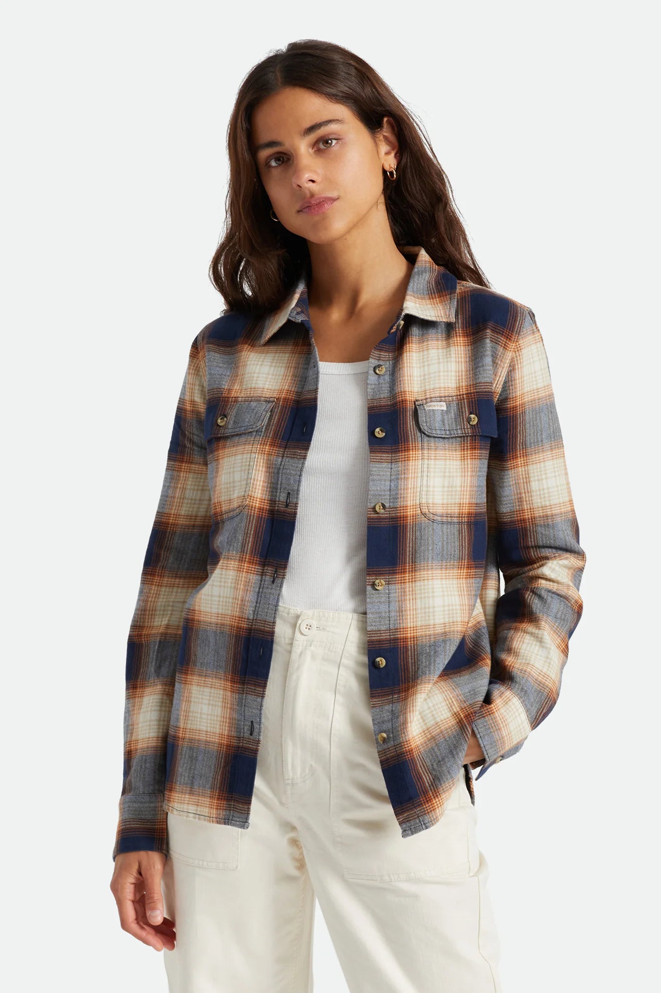 Model Photo of Brixton Women's Bowery Soft Brushed Flannel- Washed Copper