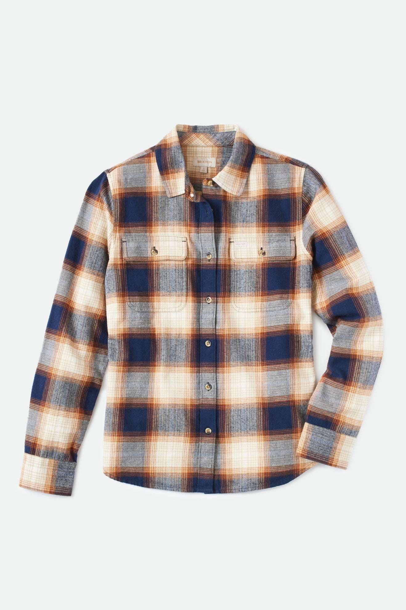 A navy and orange flannel shirt with a pointelle knit pattern