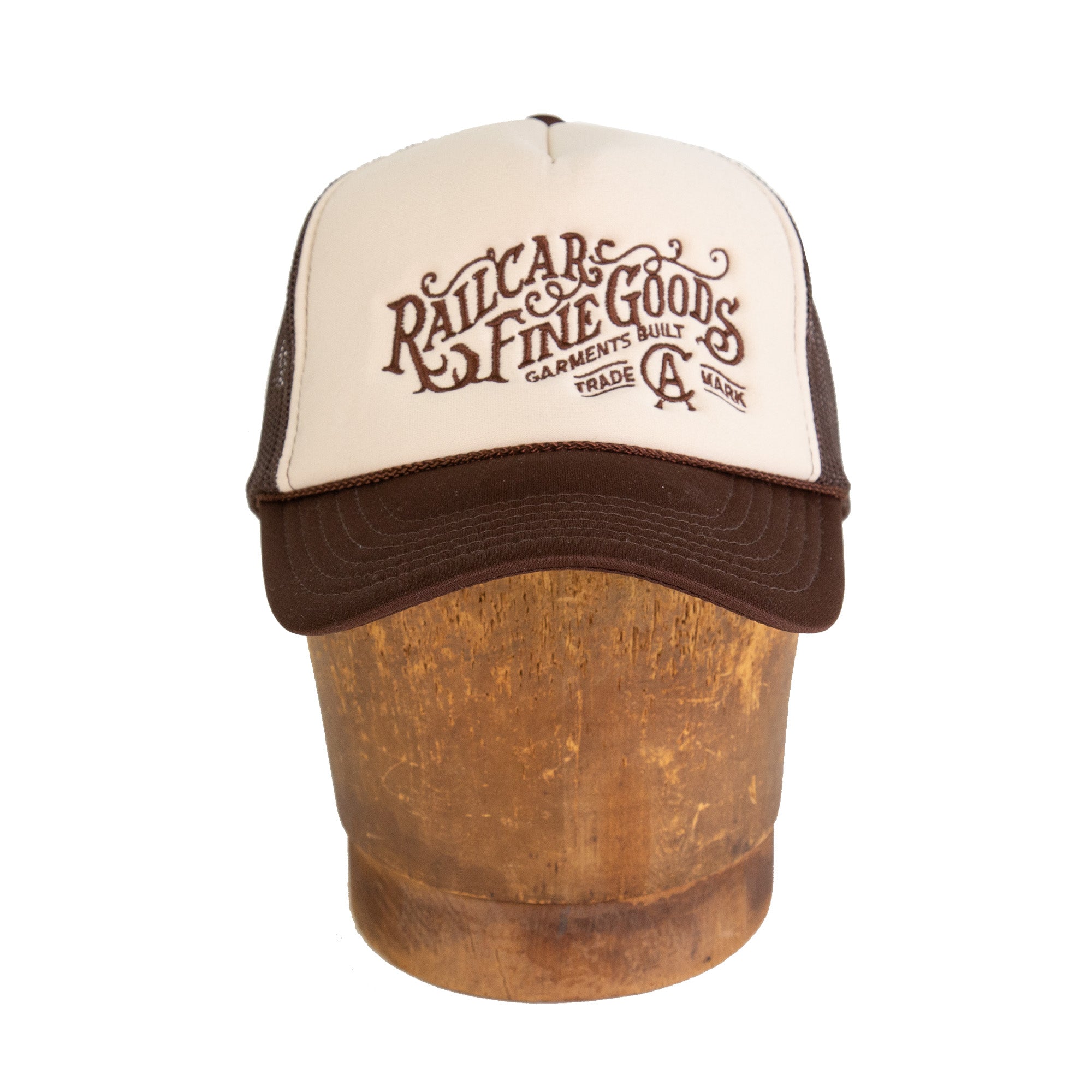 Front of Railcar Typography Trucker Embroidered Tan Brown Hat