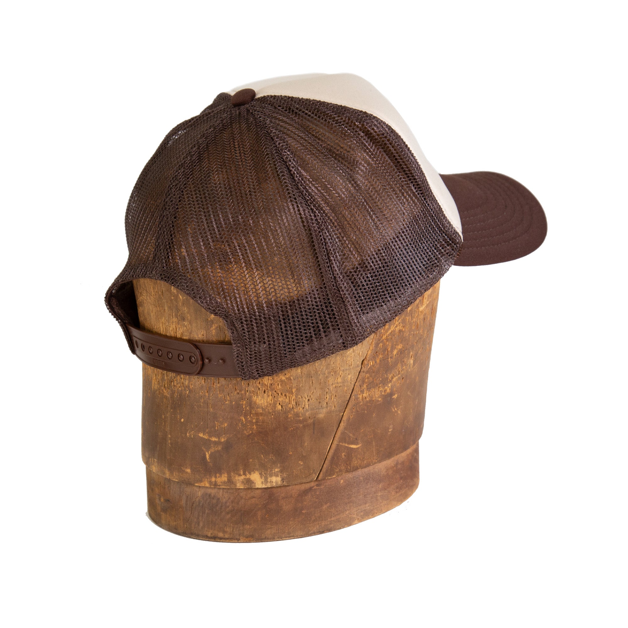 Back Angle of Railcar Typography Trucker Embroidered Tan Brown Hat