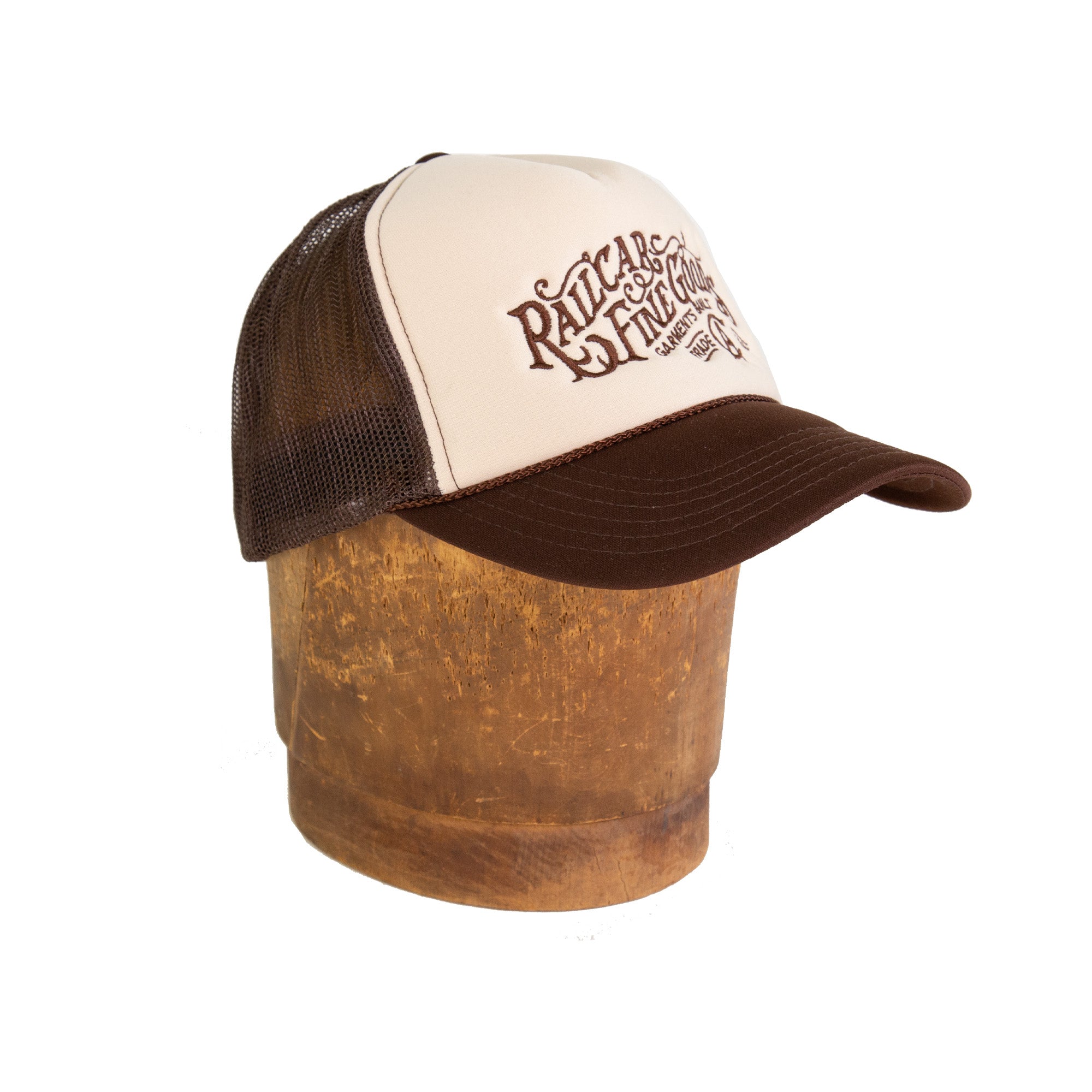 Front Angle of Railcar Typography Trucker Embroidered Tan Brown Hat