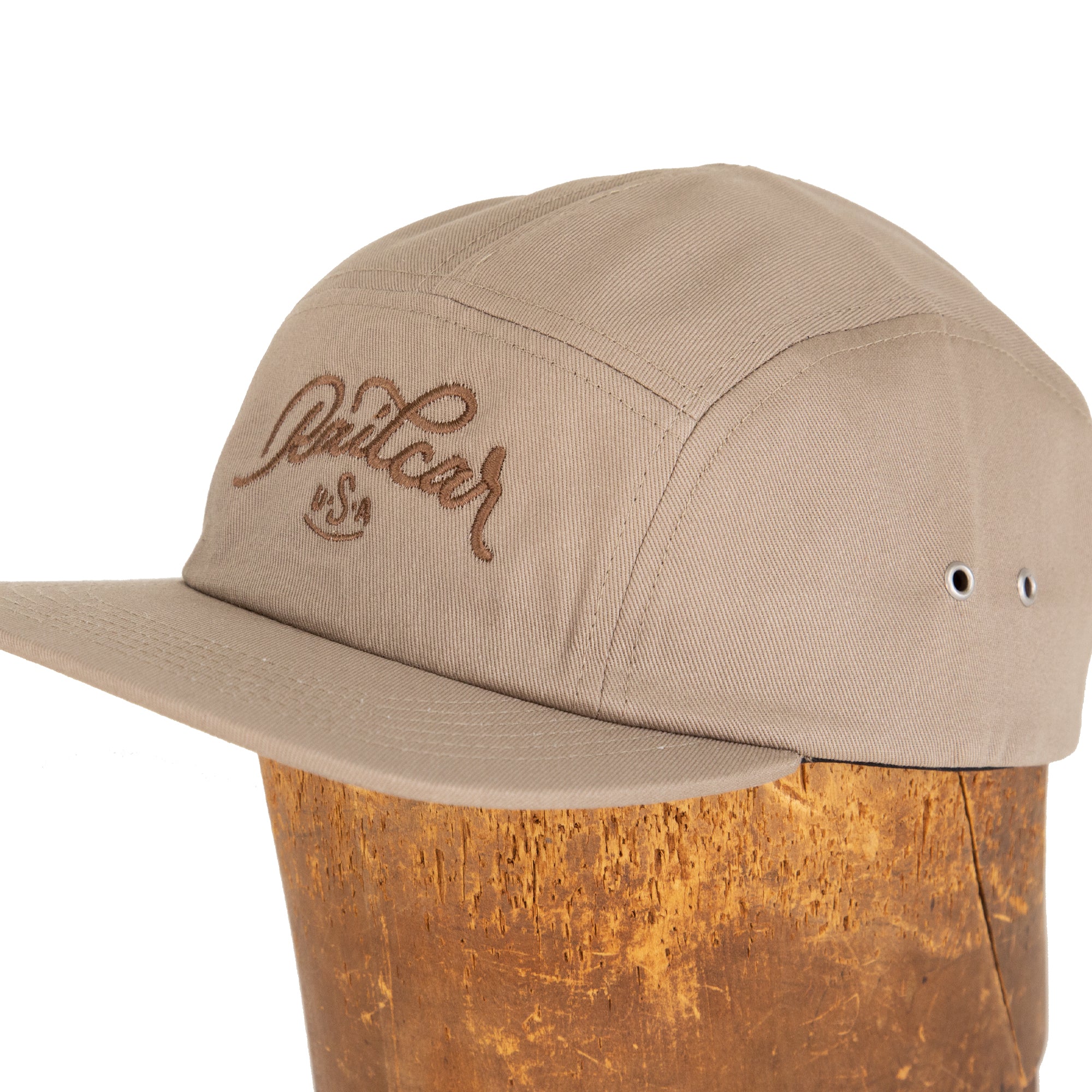 Front Angle of Railcar USA Khaki Five Panel Camp Hat