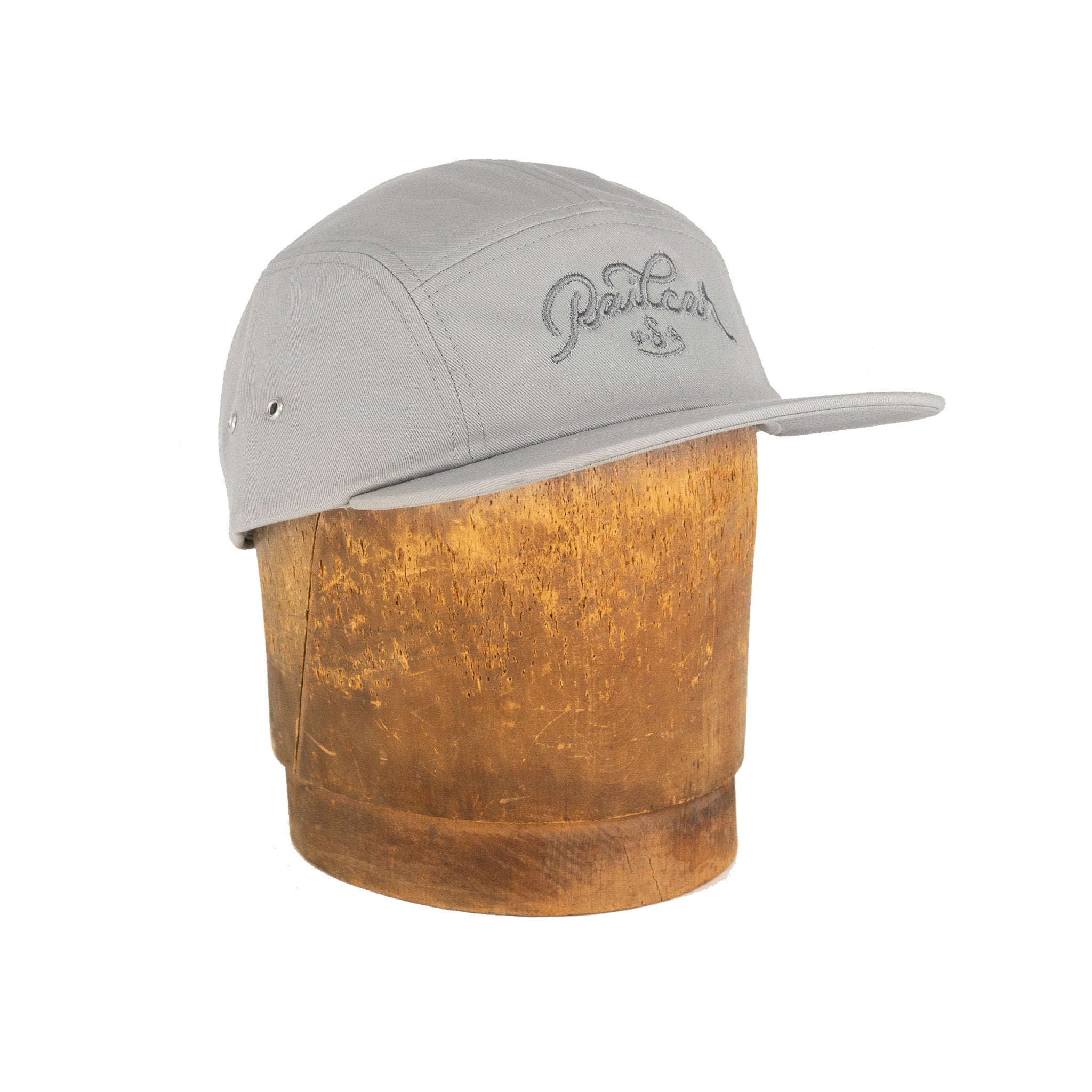 Front Angle of Railcar USA Gray Five Panel Camp Hat
