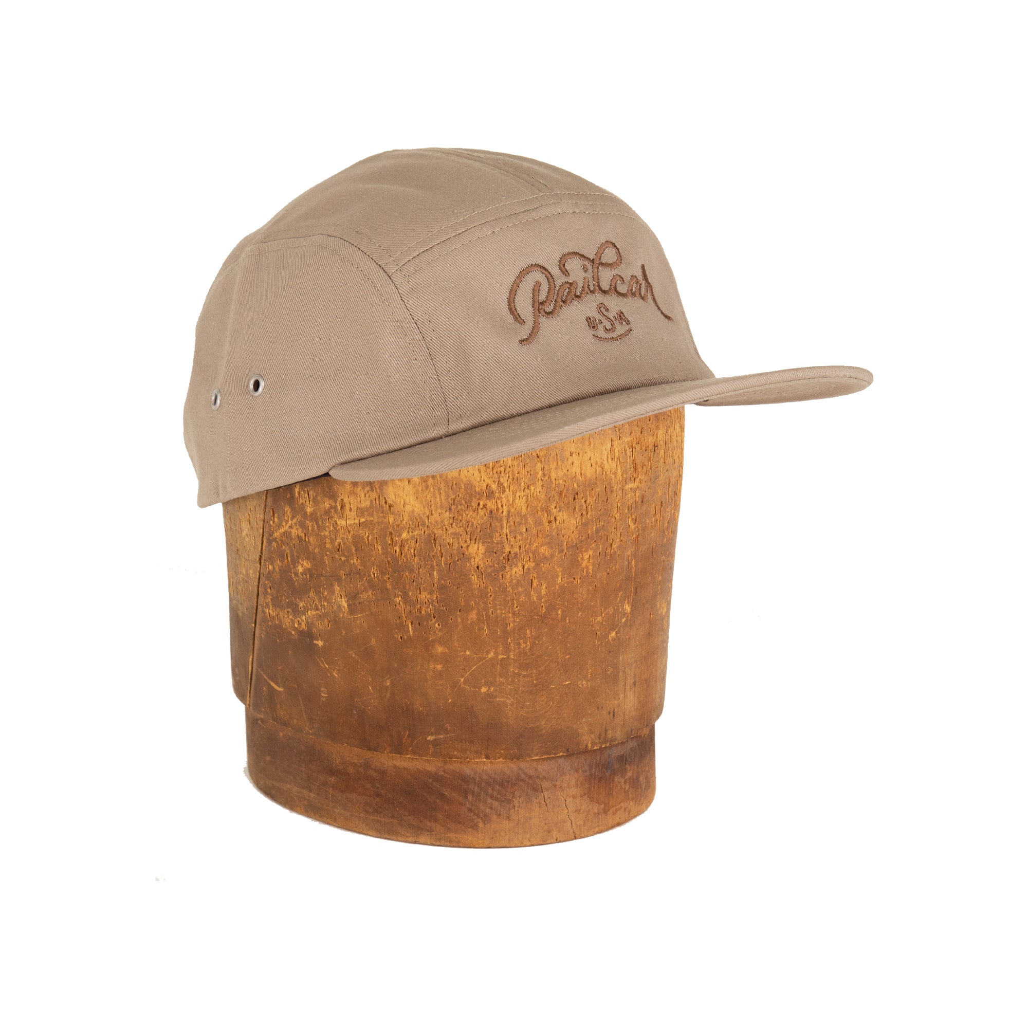 Front Angle of Railcar USA Khaki Five Panel Camp Hat