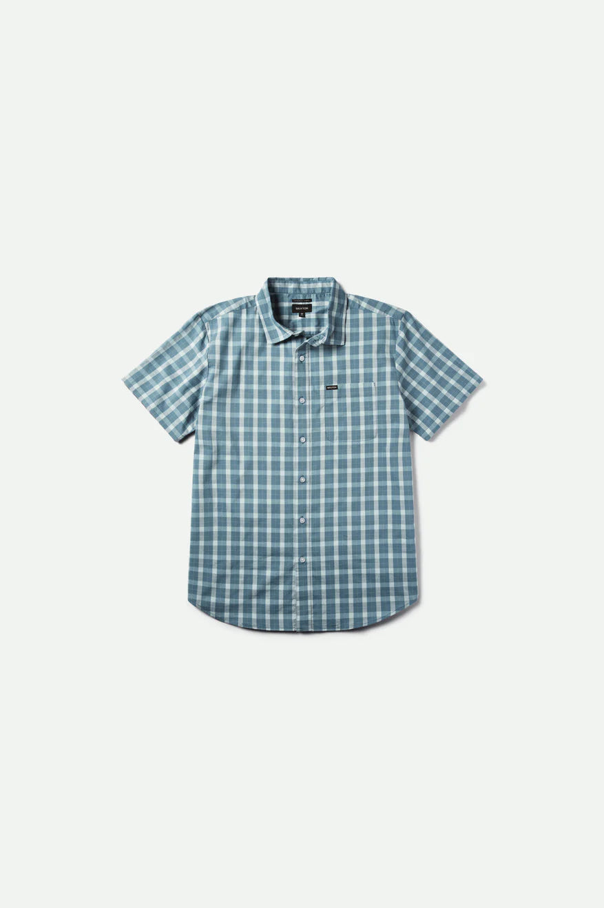 Front of Brixton Charter Plaid Short Sleeve Woven - Blue Mirage