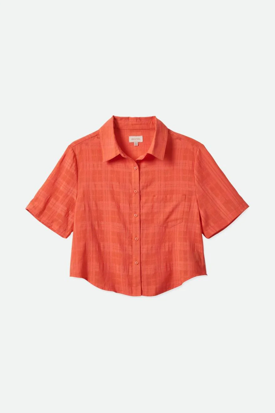 An orange Brixton women's short-sleeve woven shirt with plaid pattern, displayed against a white background.