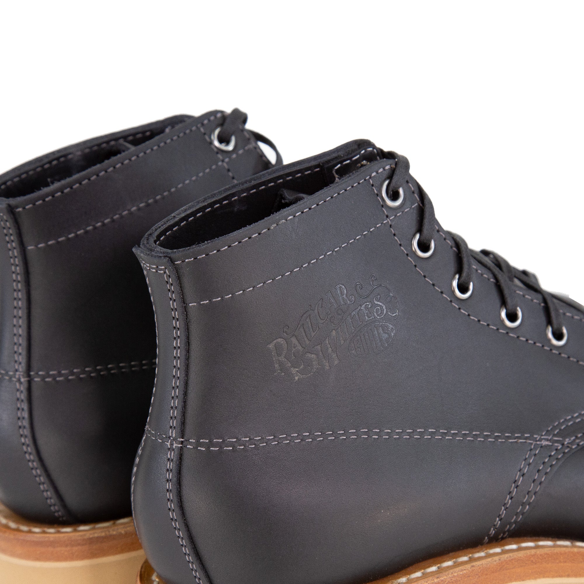 Embossed Leather Detail of Railcar X Whites 55 Collaboration Boots