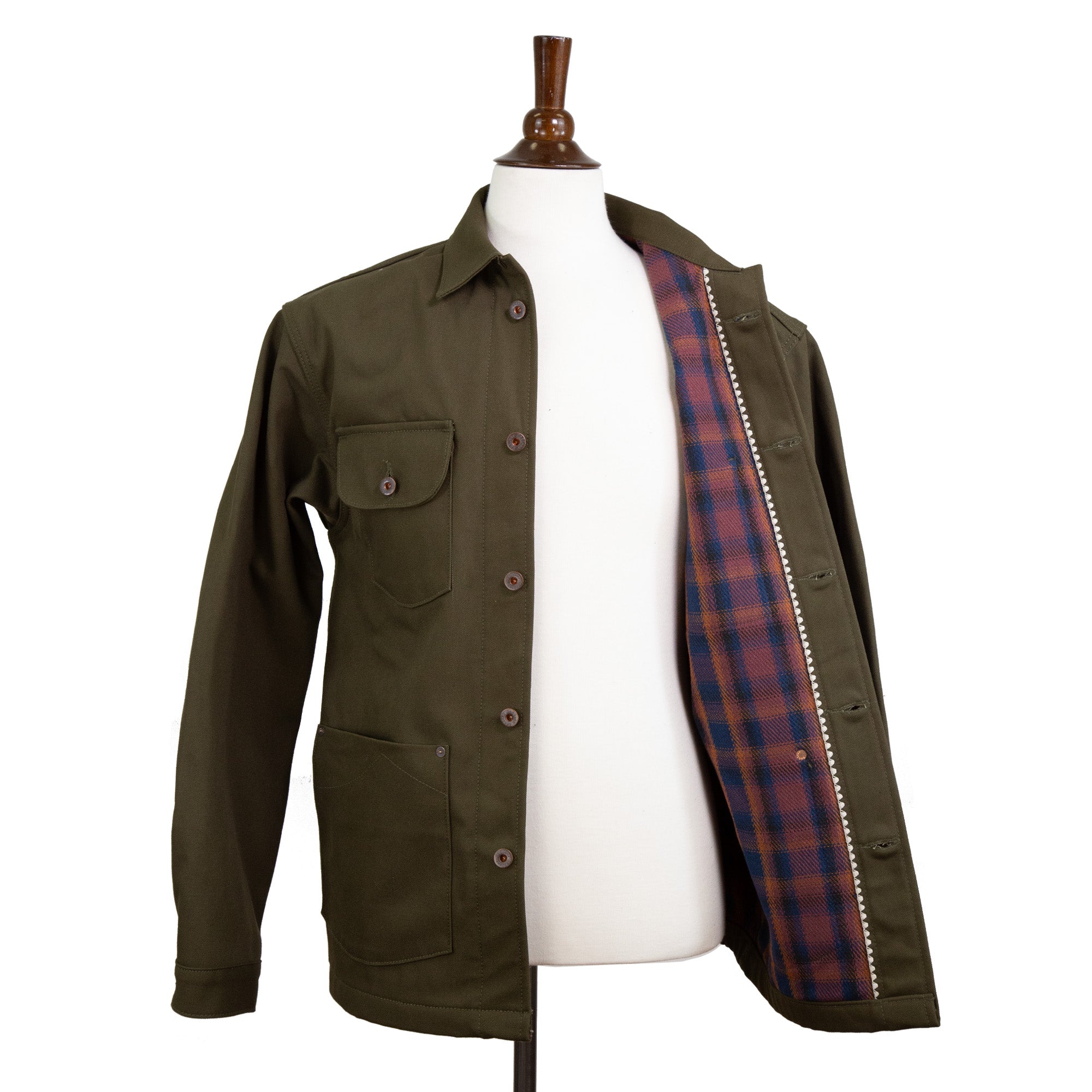 Front of Chore Coat 12oz Seaweed Baja Maroon Blanket Lined showing lined interior