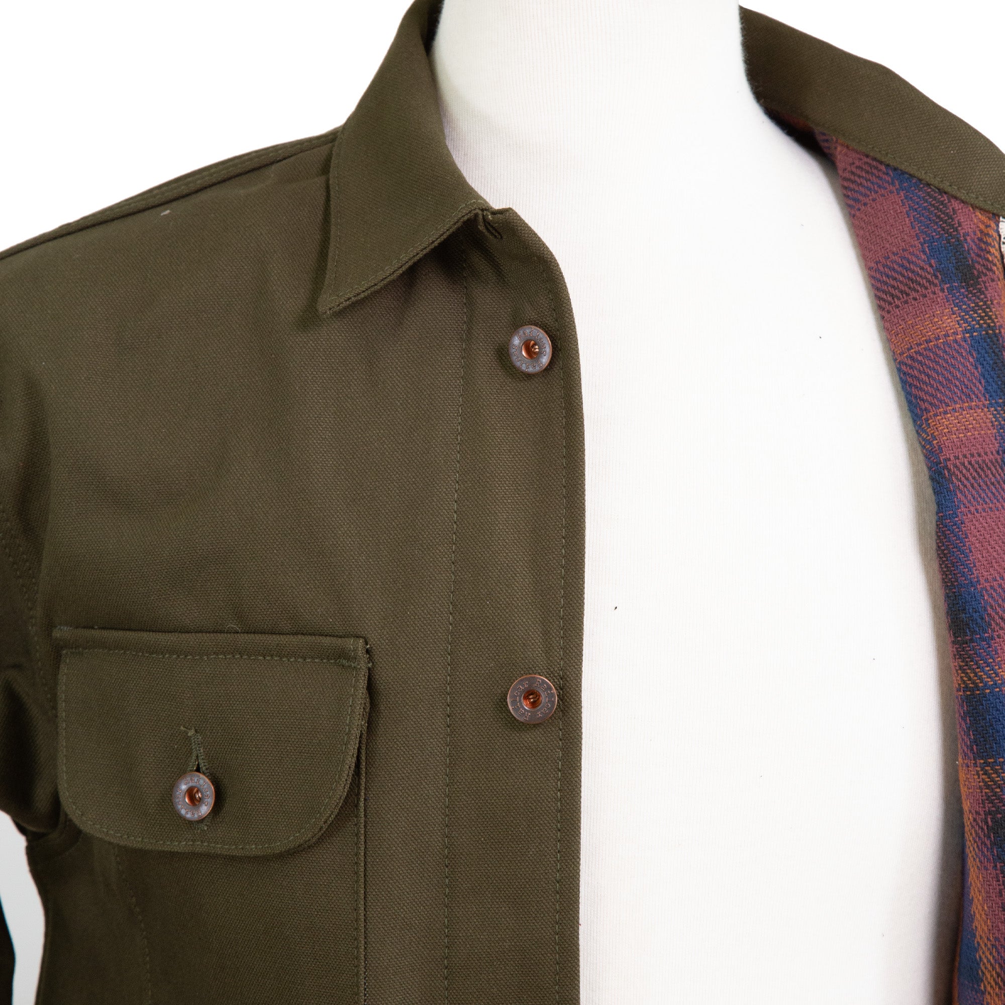 Interior Placket Detail of Chore Coat 12oz Seaweed Baja Maroon Blanket Lined