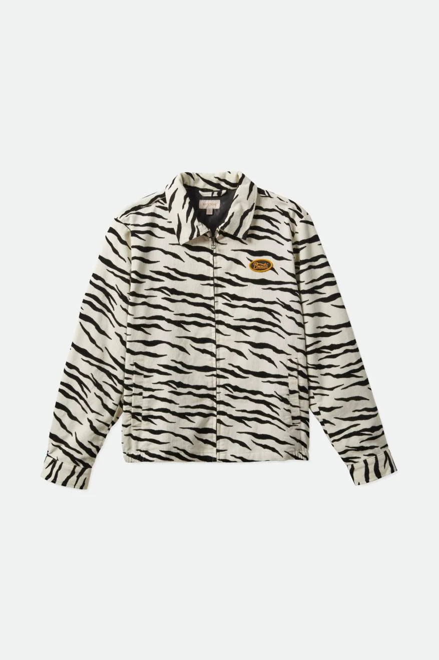 Brixton Women's Utopia Jacket in off white featuring a tiger stripe pattern with a collar, zip closure, and pockets.