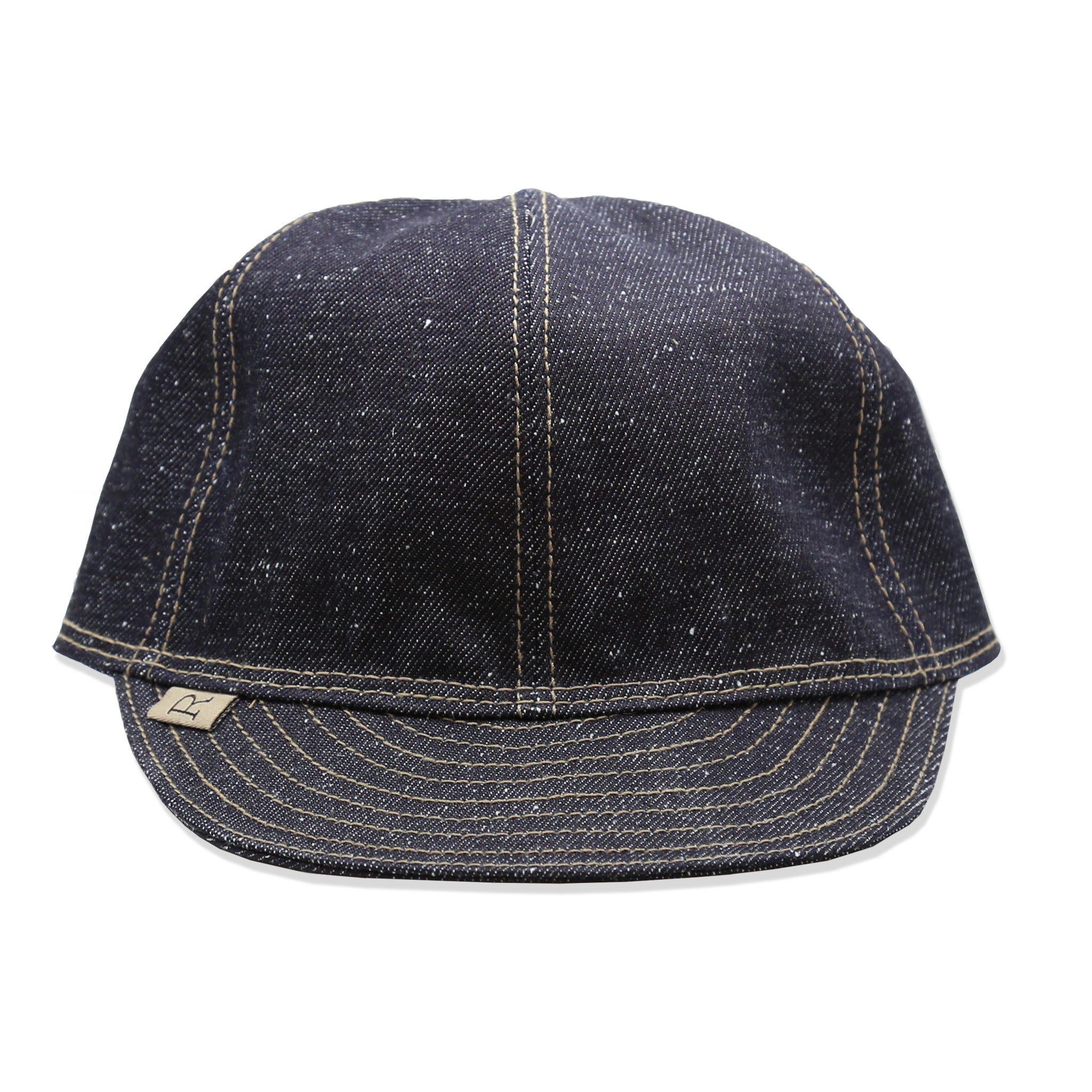 A dark blue nep denim mechanic hat with visible stitching.