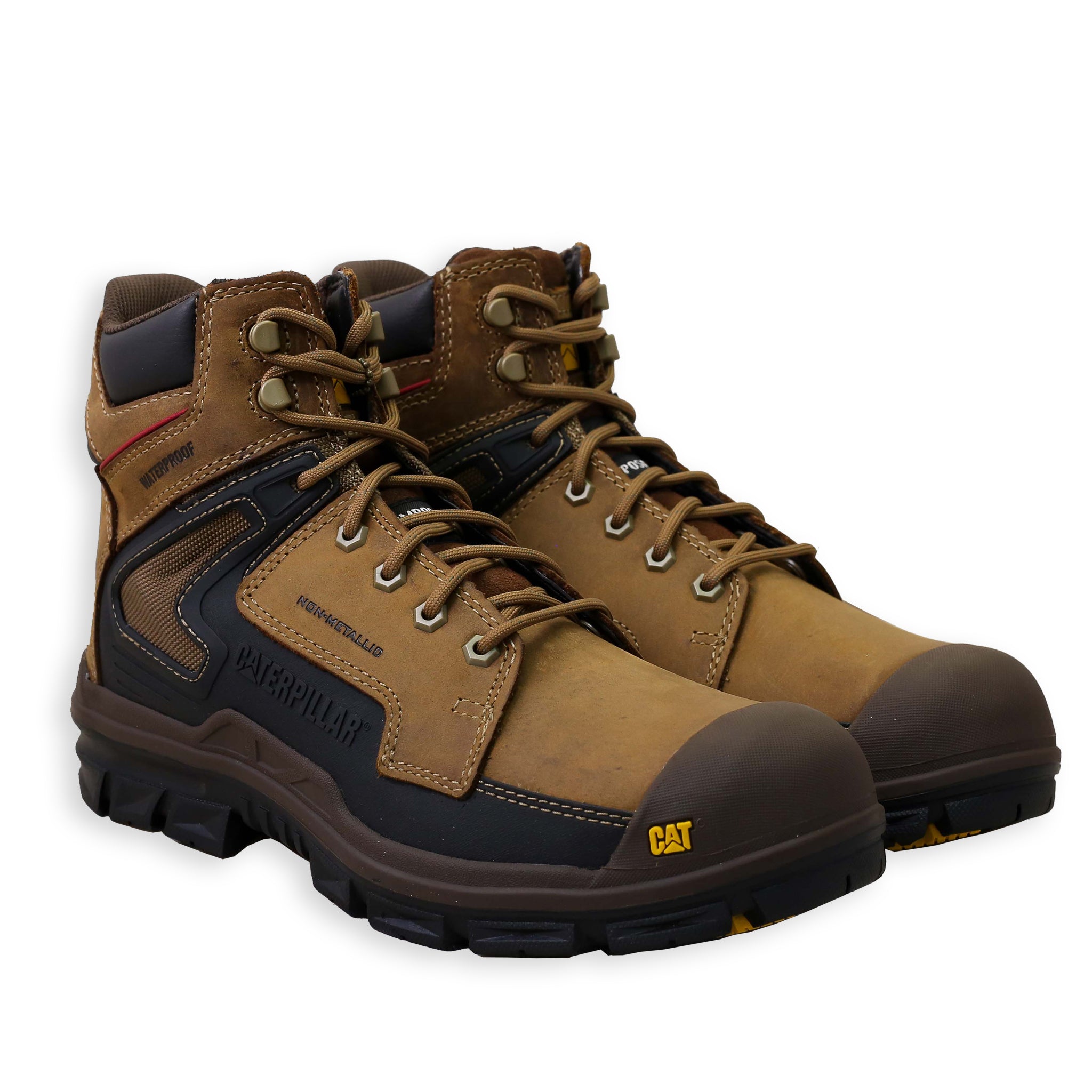 A brown CAT work boot with a non-metallic composite toe and a waterproof design.