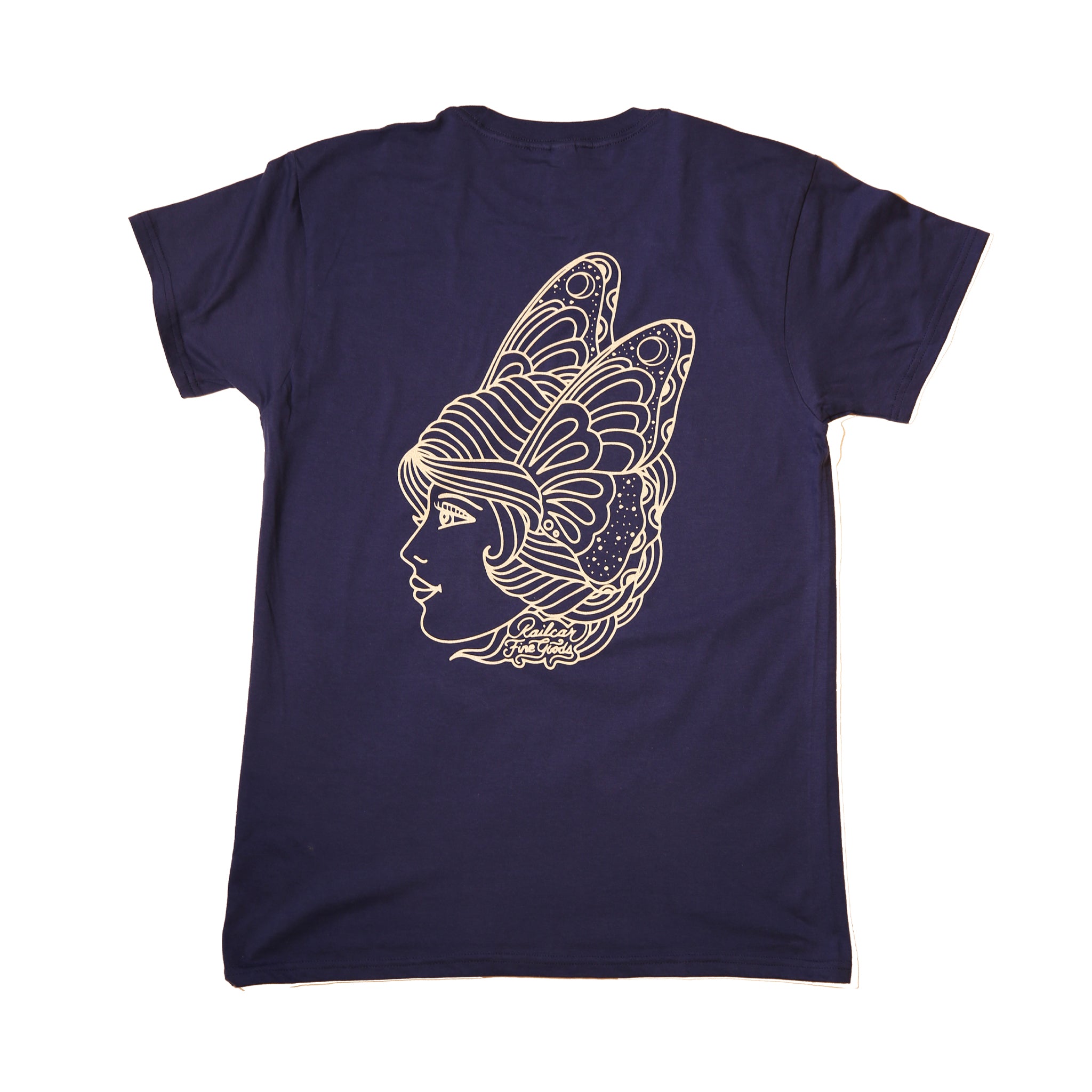 Navy blue t-shirt with a graphic of a woman's face with butterfly wings on the back.