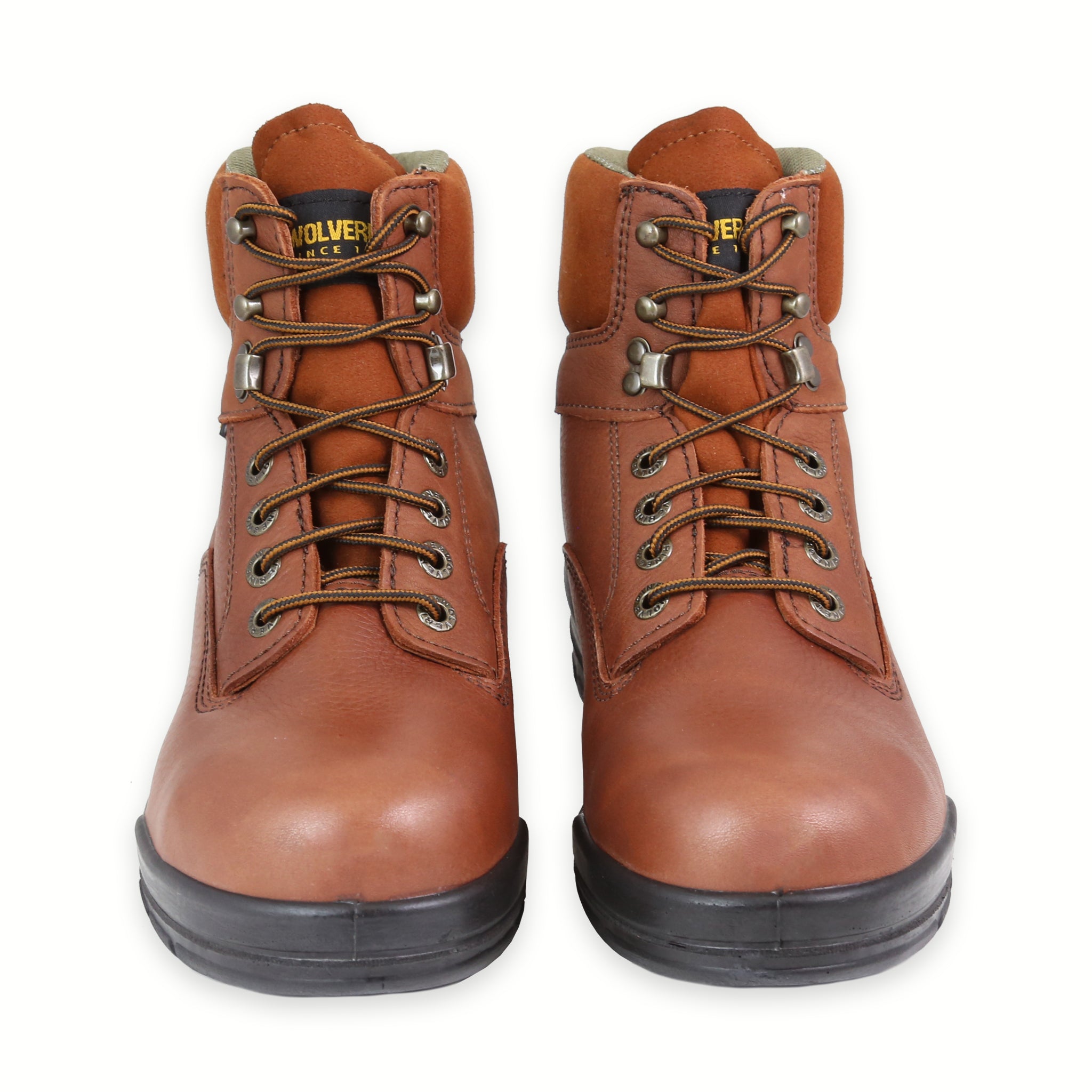 Front View of a brown Wolverine work steel toe durashock boot with a rubber outsole and lace-up closure.