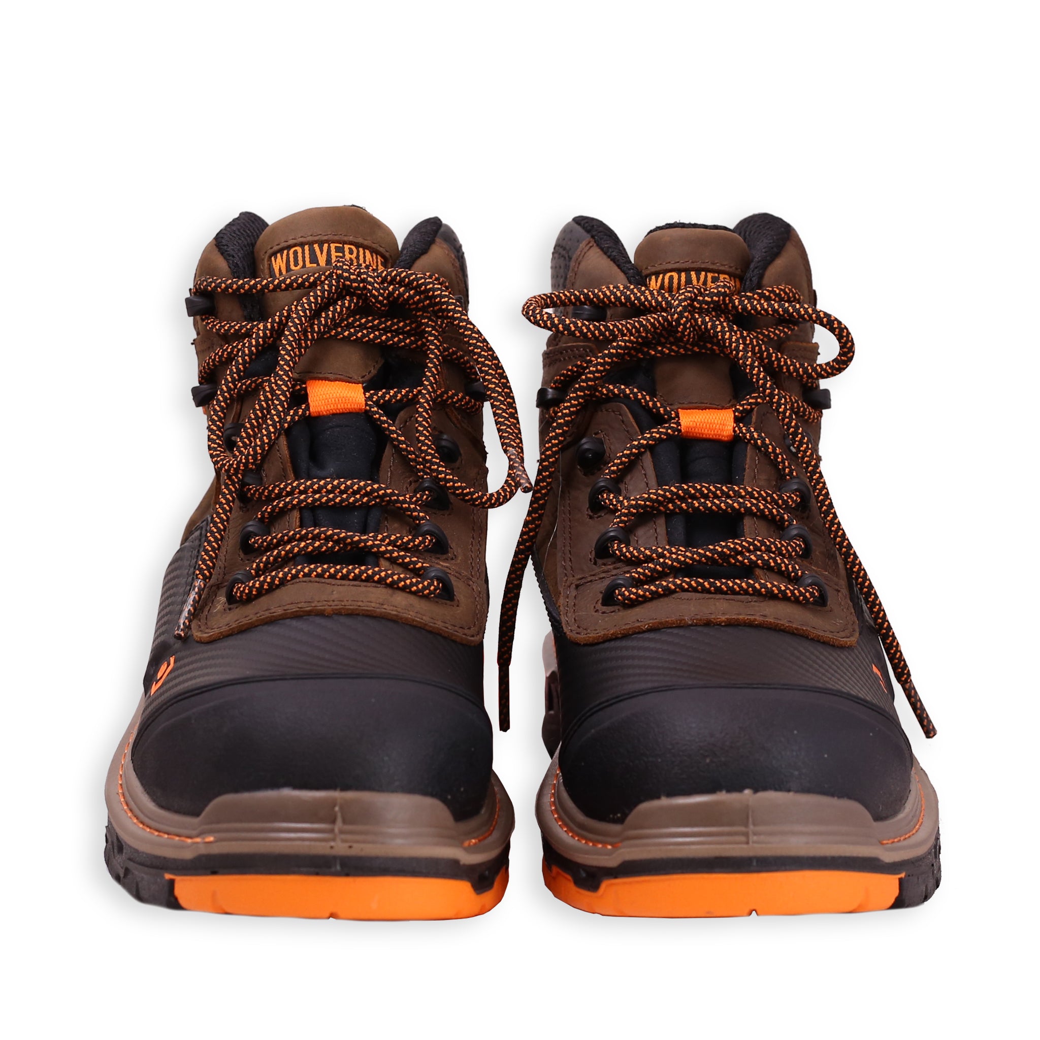 Front View of a pair of Wolverine Work Overpass Carbonmax work boots in brown with black accents and orange detailing, featuring a lace-up closure and a rubber outsole.