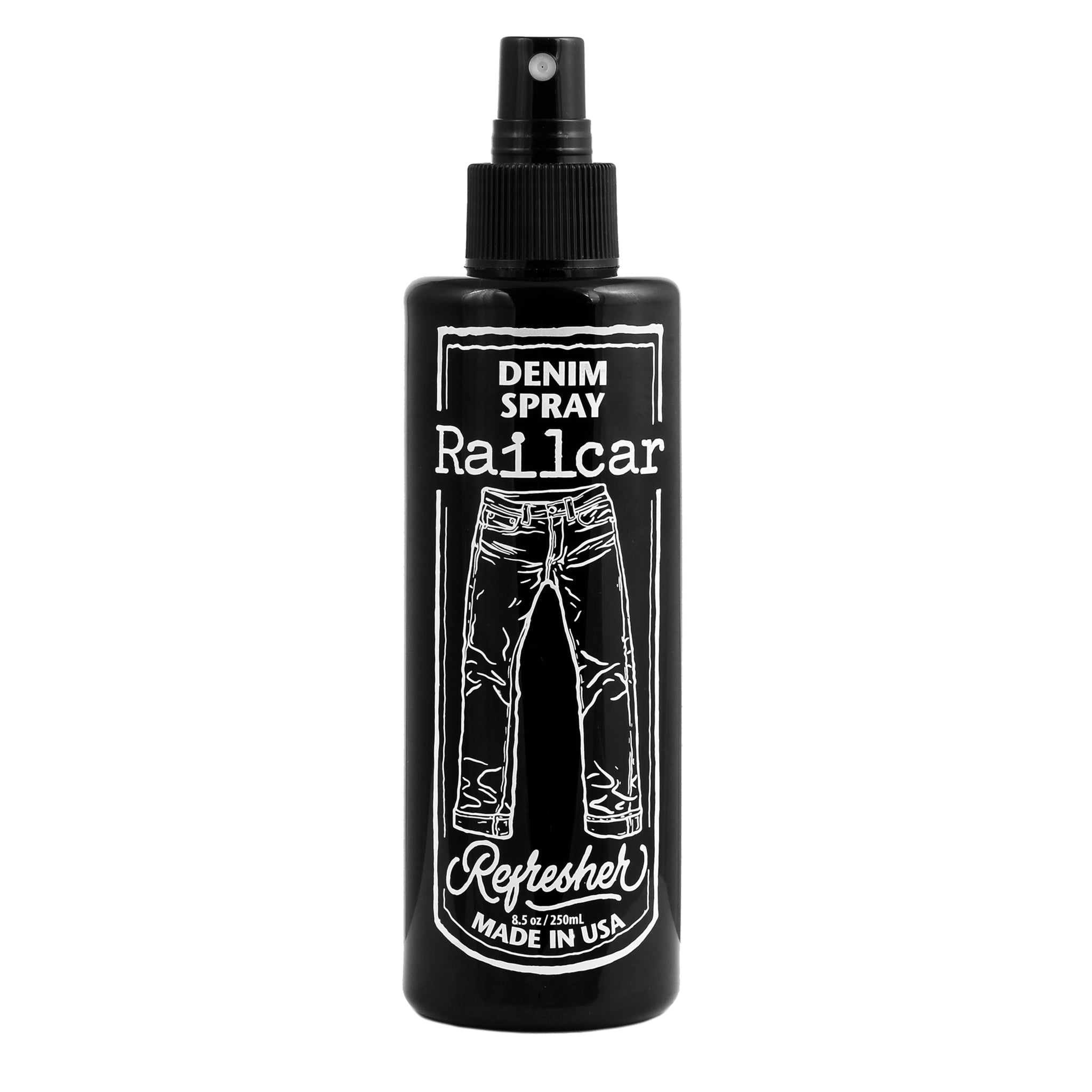 A black spray bottle labeled 'Denim Spray Railcar Refresher' with an illustration of a denim garment.