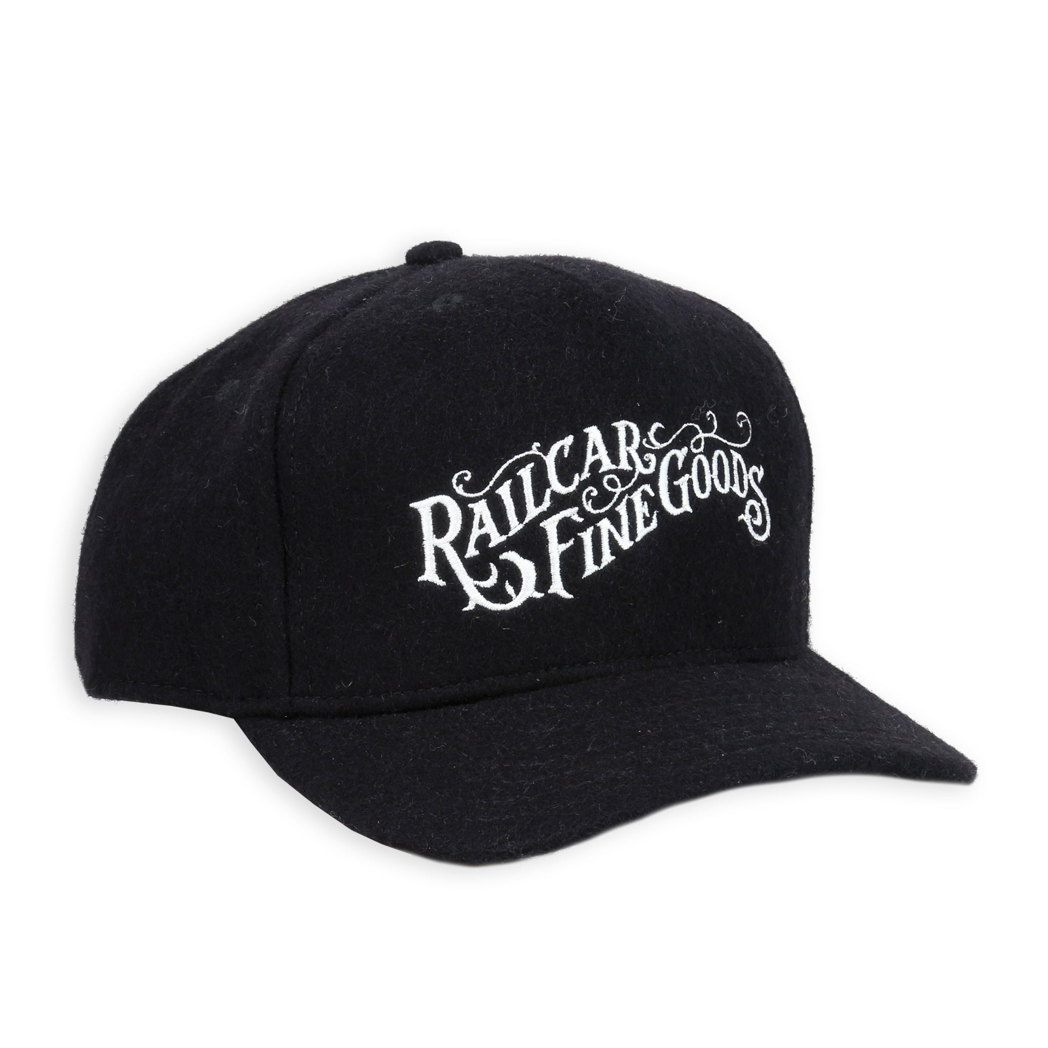 A black wool baseball hat with 'Railcar Fine Goods' embroidered in white on the front.
