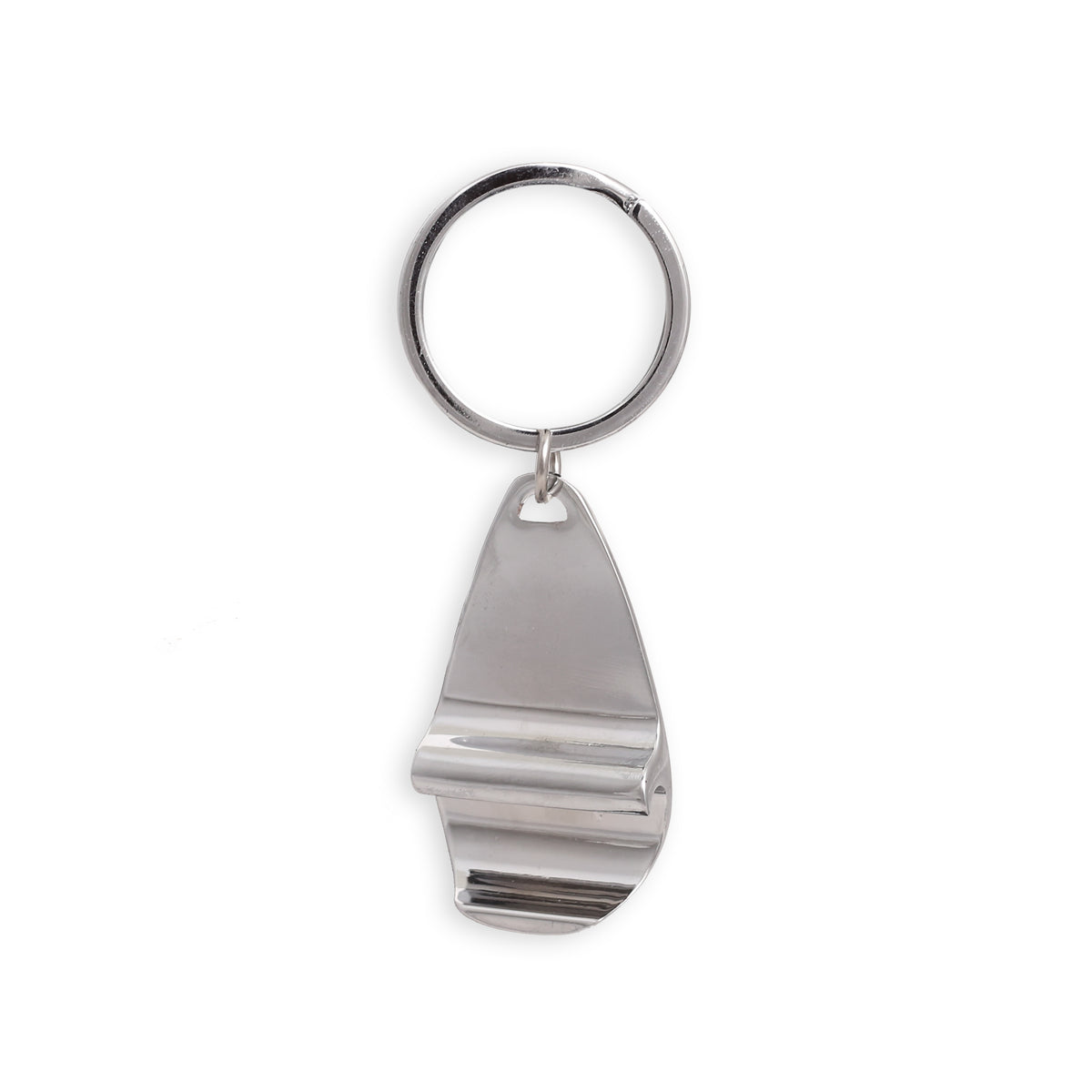 A silver bottle opener with a keychain