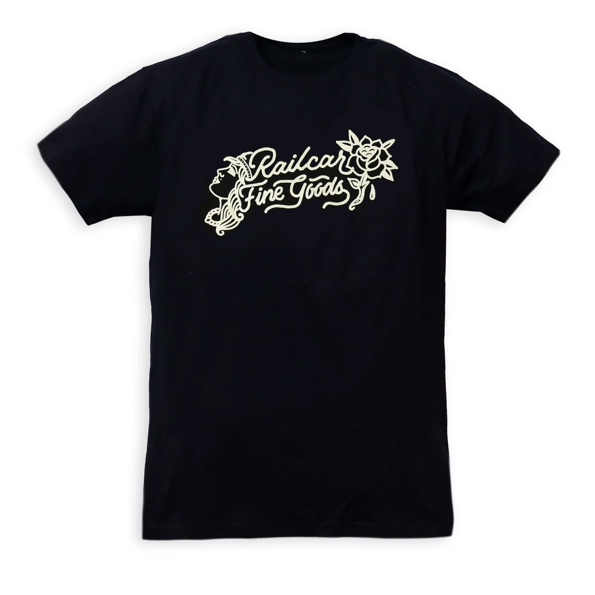 Back of a Black crew neck t-shirt with white text reading Railcar Fine Goods and graphic design