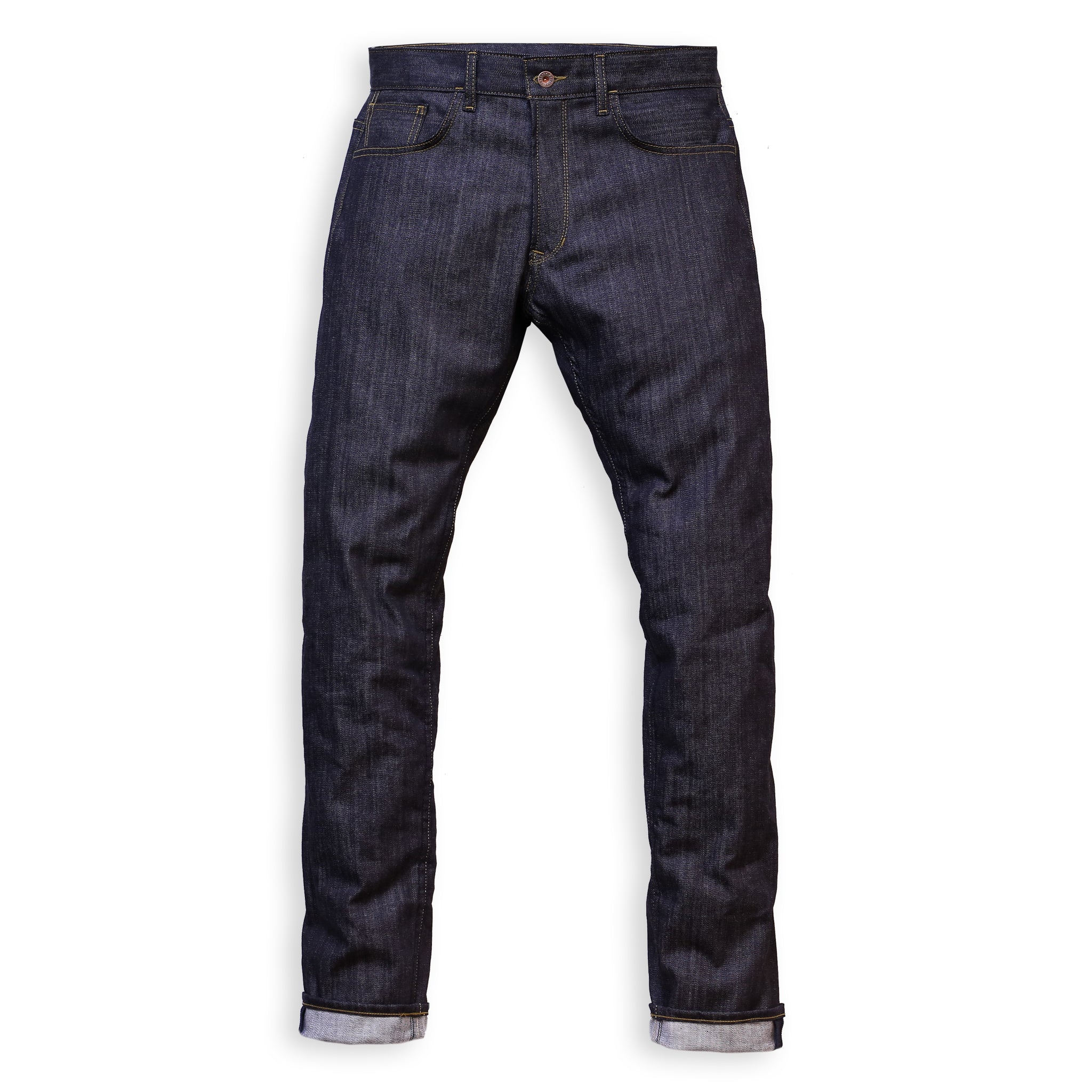 Front of pair of slim-fit blue denim jeans with a minimalist design