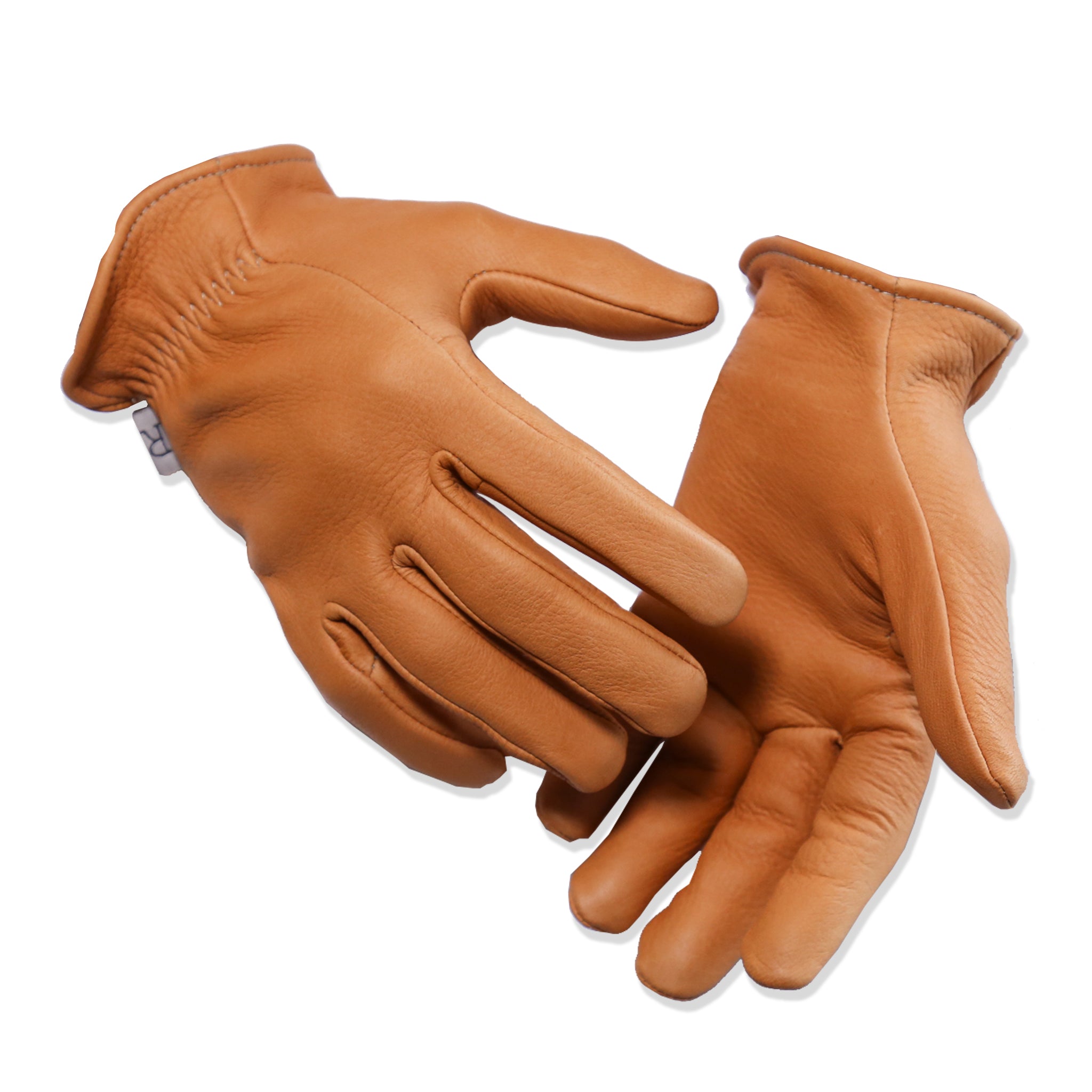 A pair of brown deer skin gloves designed for casual wear and motorcycle riding.
