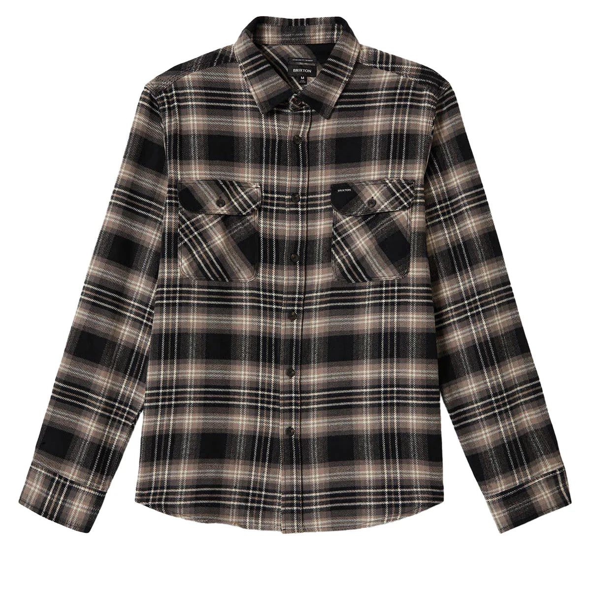 Front of Brixton Men's Bowery Flannel - Black/ Charcoal/ Beige - 01213