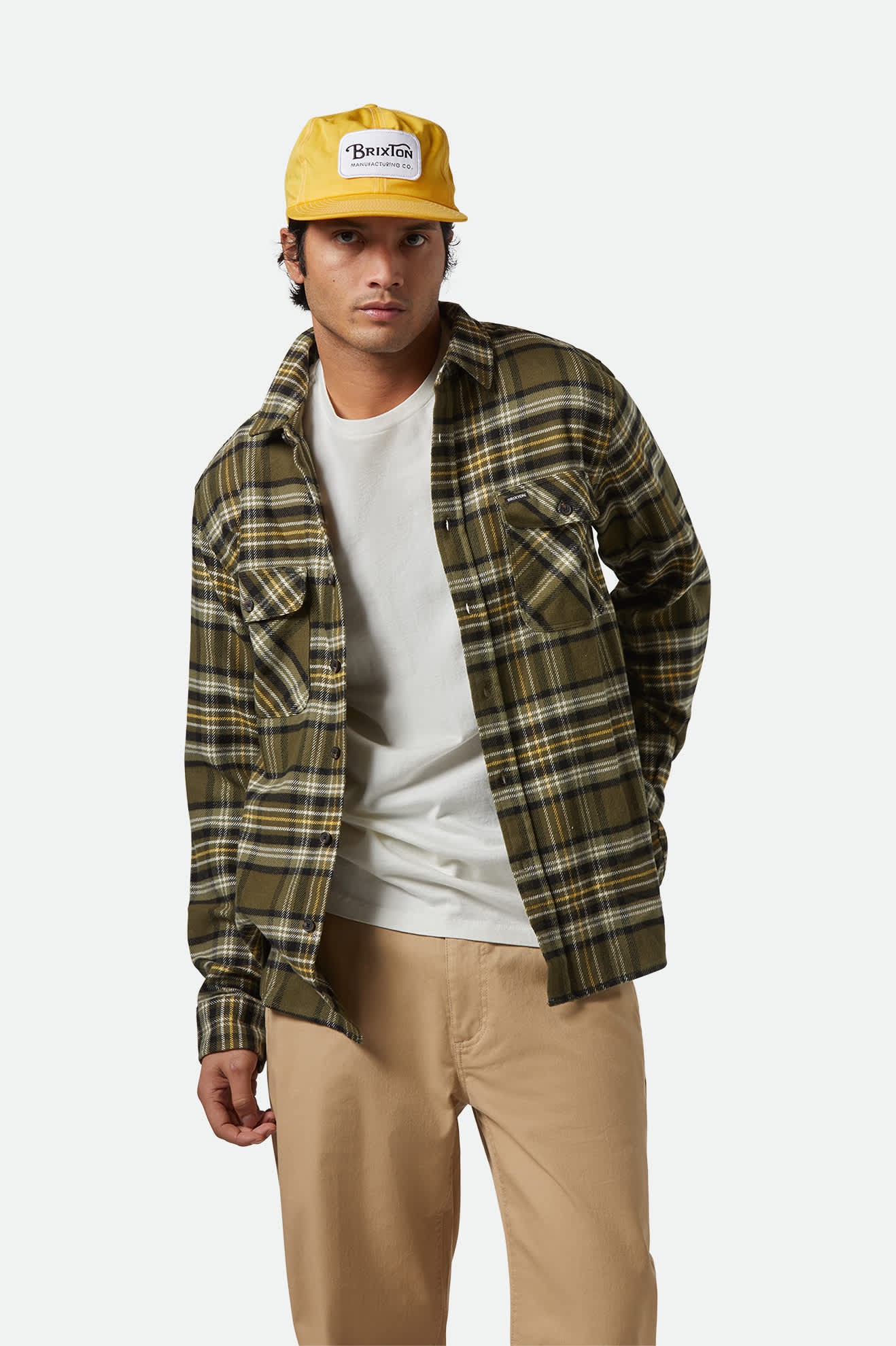 Model Photo of Front of Brixton Men's Bowery Flannel - Ivy Green/ Olive Surplus/ Black