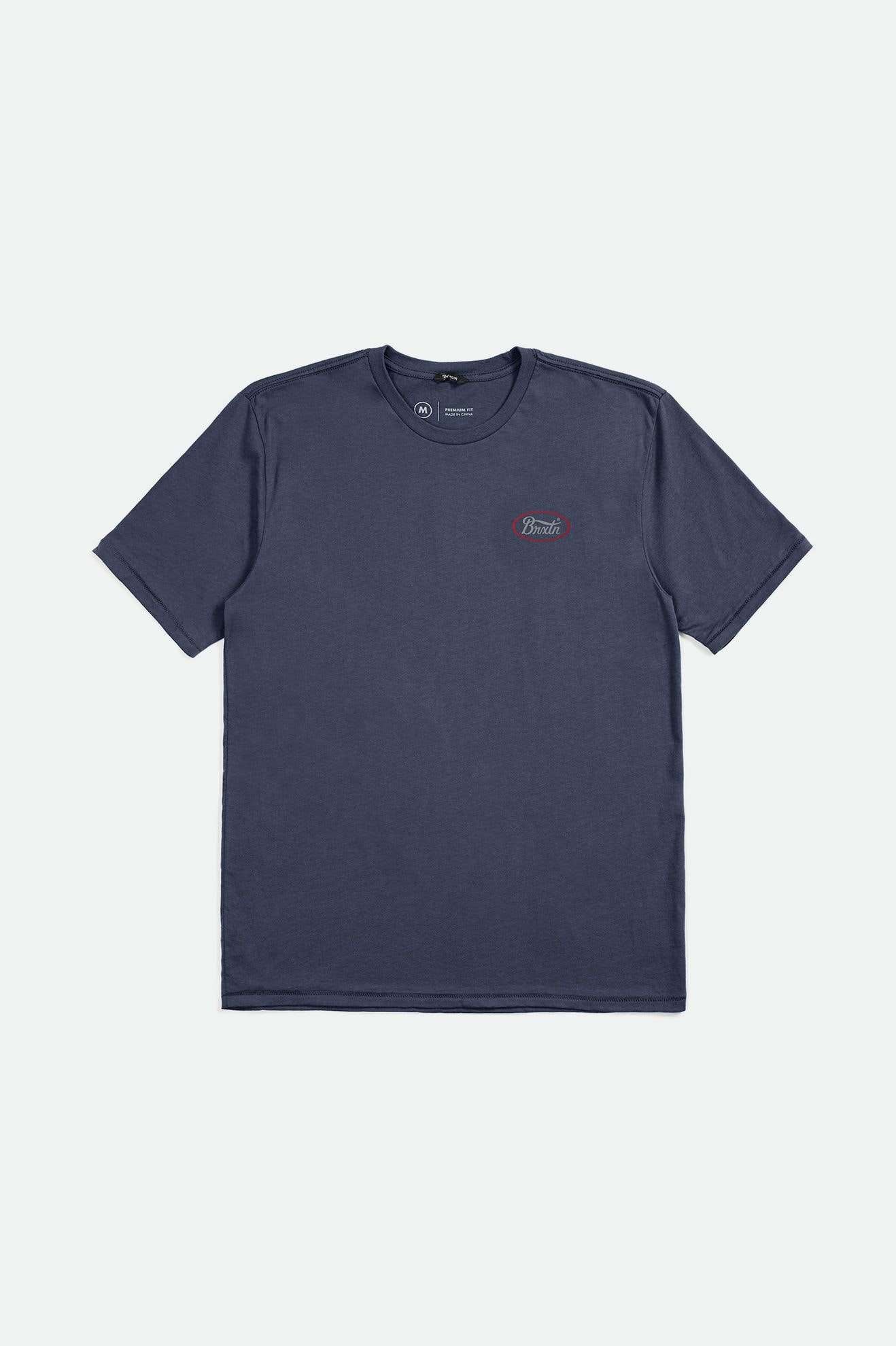 Front of Brixton Men's Parsons Short Sleeve Tailored Tee Washed Navy/Grey/Brick