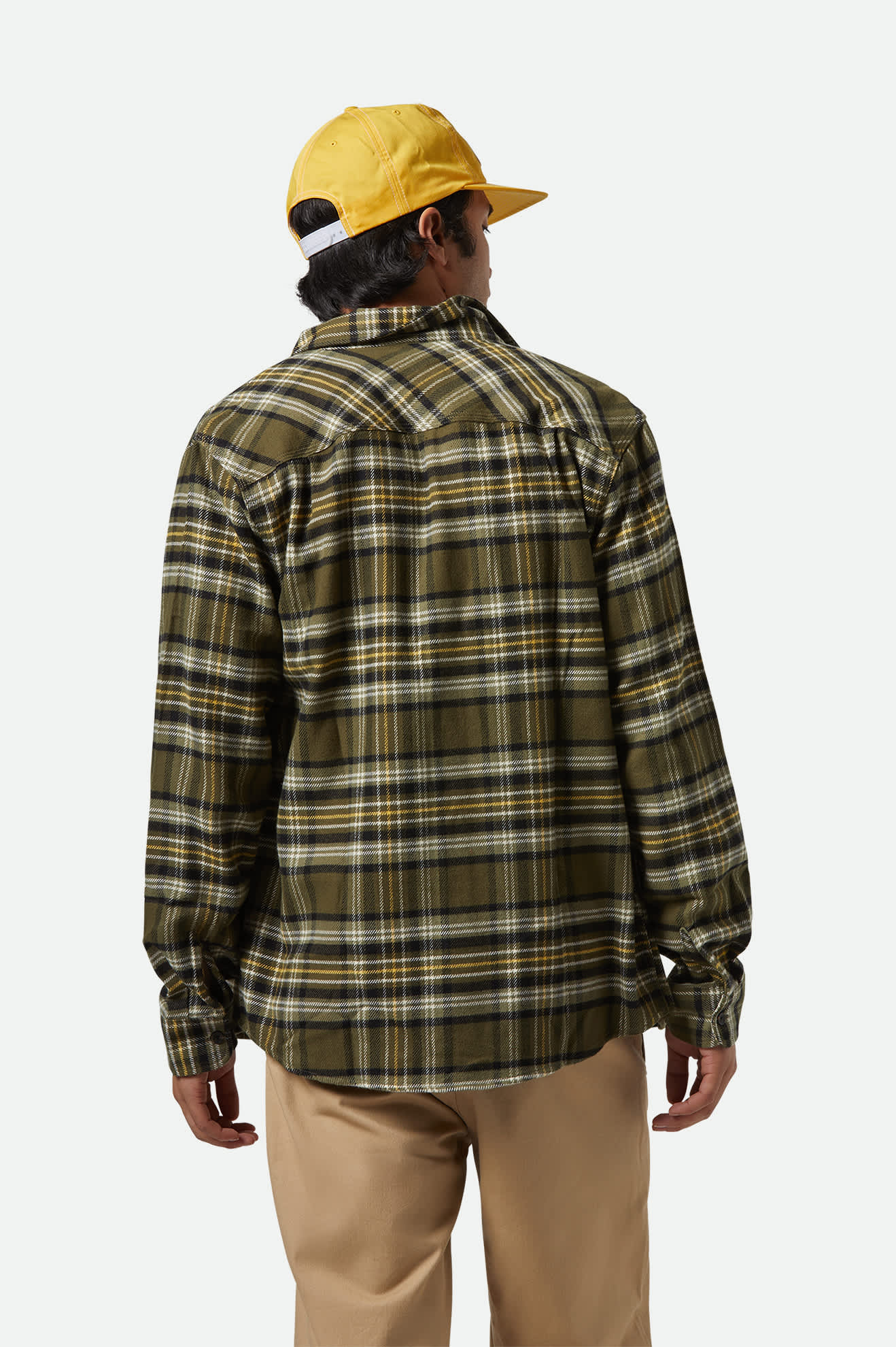 Model Photo of Back of Brixton Men's Bowery Flannel - Ivy Green/ Olive Surplus/ Black