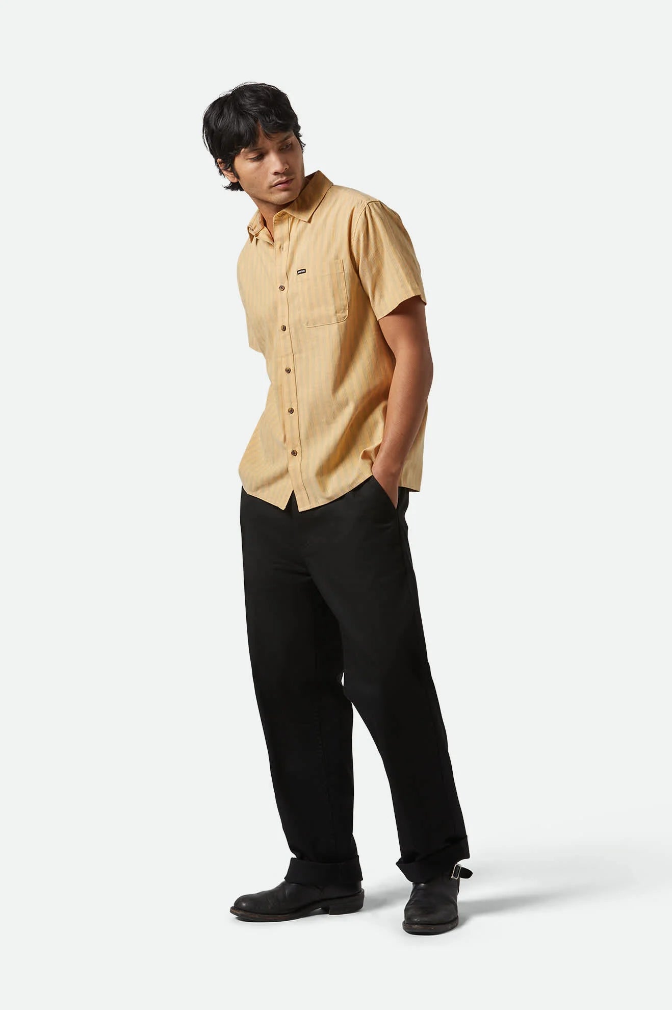 Model Photo of Front Angle of Brixton Men's Cru Oxford Strip Short Sleeve Shirt - Curry/ Ivy Green