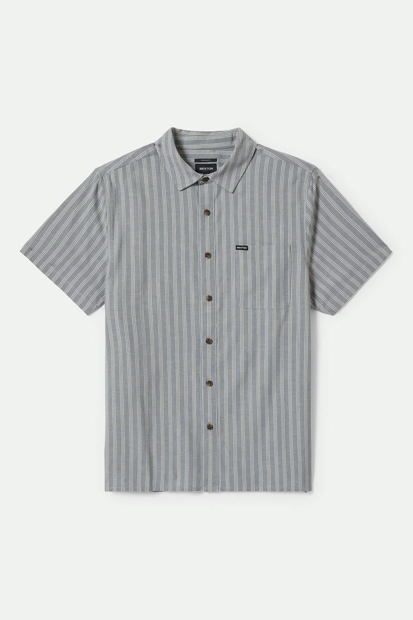 Front of Brixton Men's Cru Oxford Strip Short Sleeve Shirt - Basalt Blue/Whitecap Stripe 
