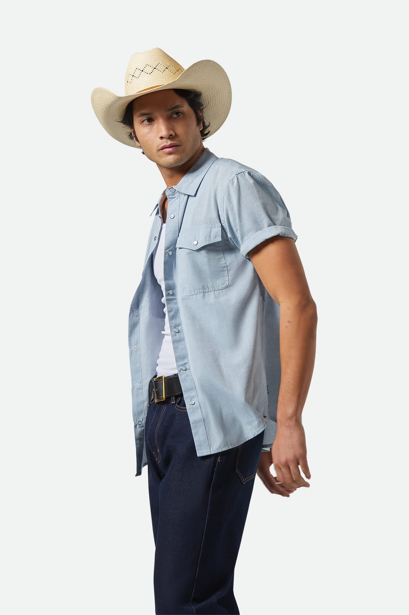 Model Photo of Front Angle of Brixton Men's Wayne Western Short Sleeve Shirt - Medium Blue 