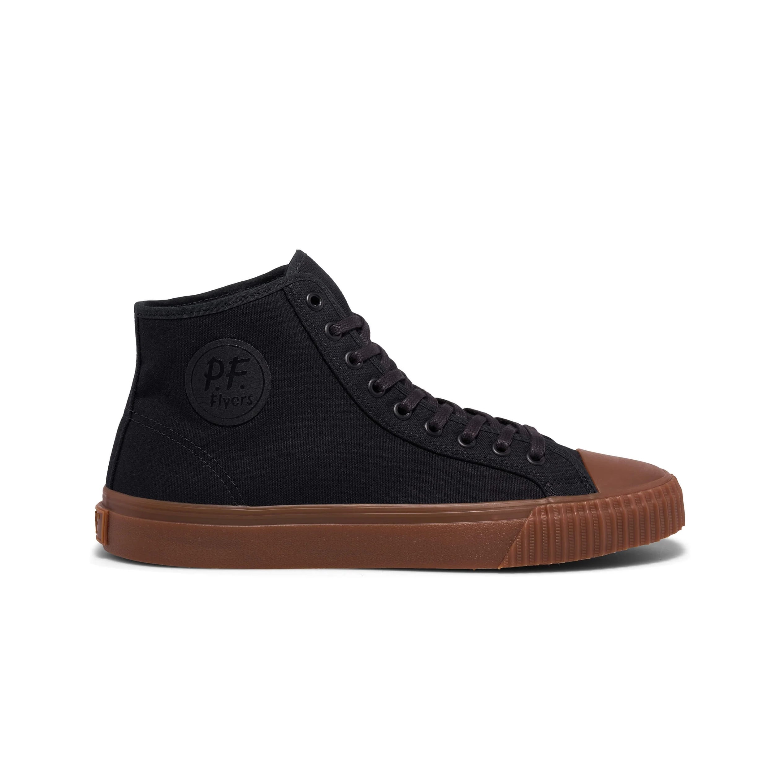 Black high-top sneaker with brown sole on a white background