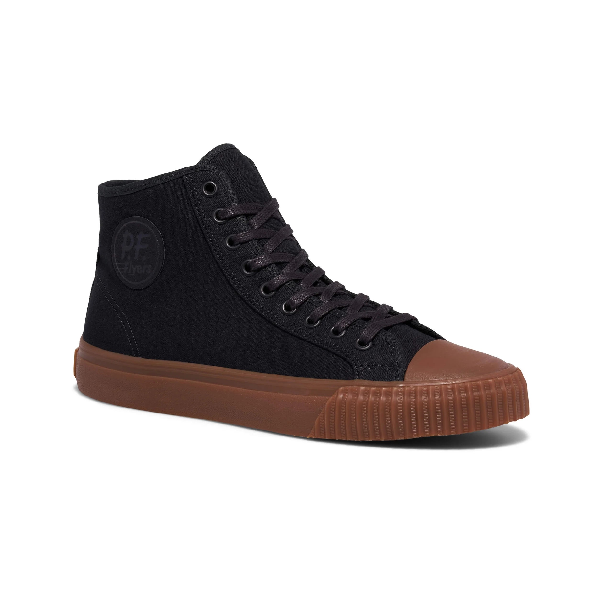 Black high-top sneaker with brown sole on a white background