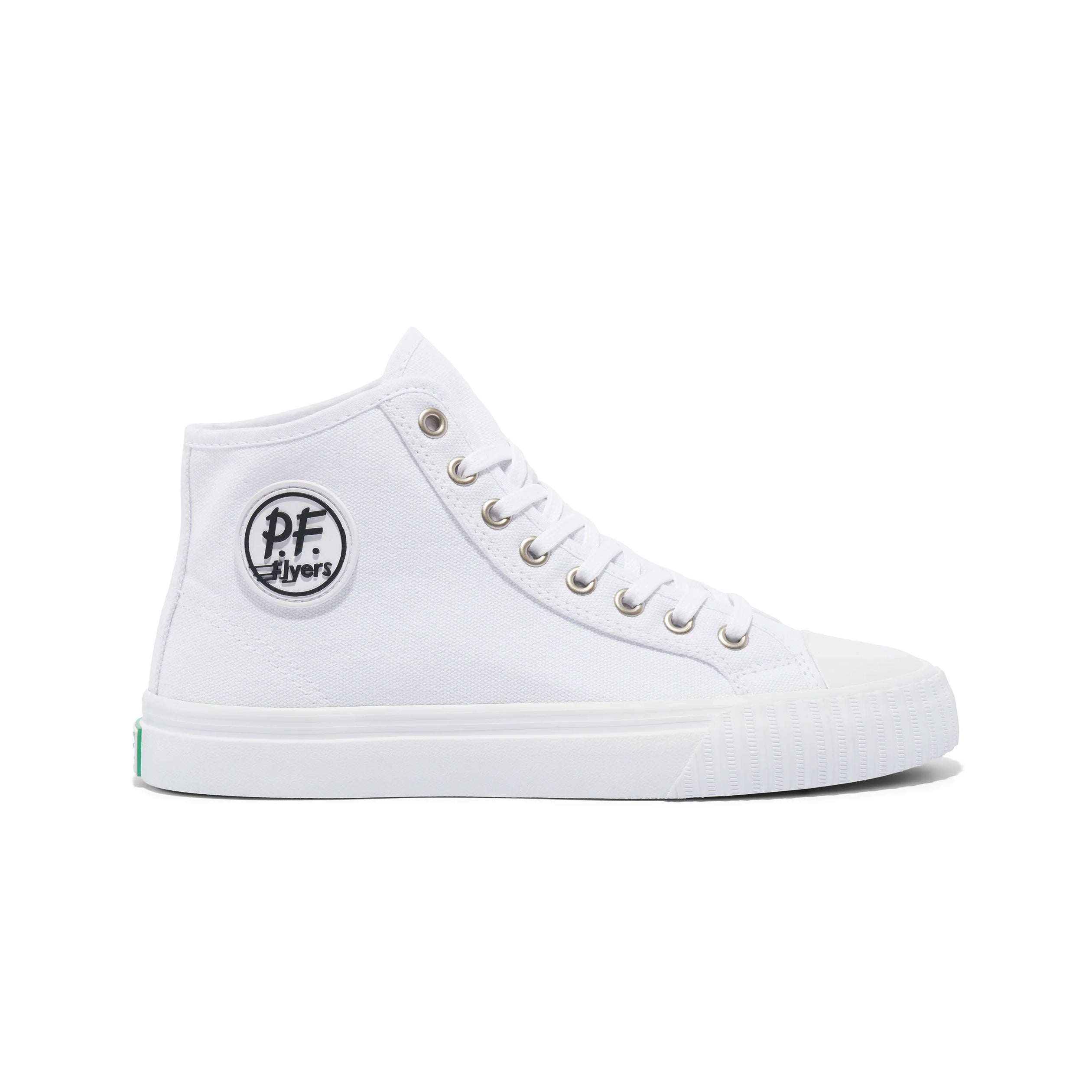White high-top sneaker with a logo on a white background