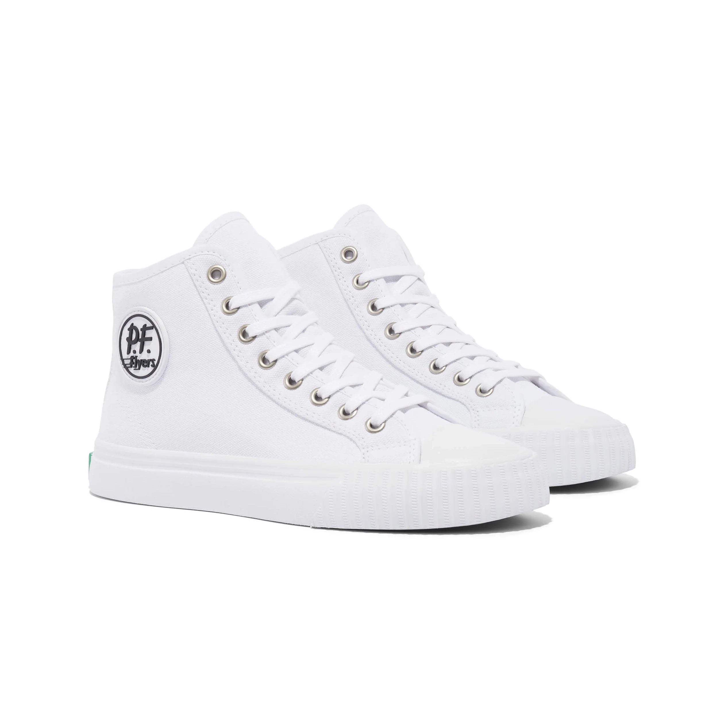 White high-top sneakers with a logo on a white background