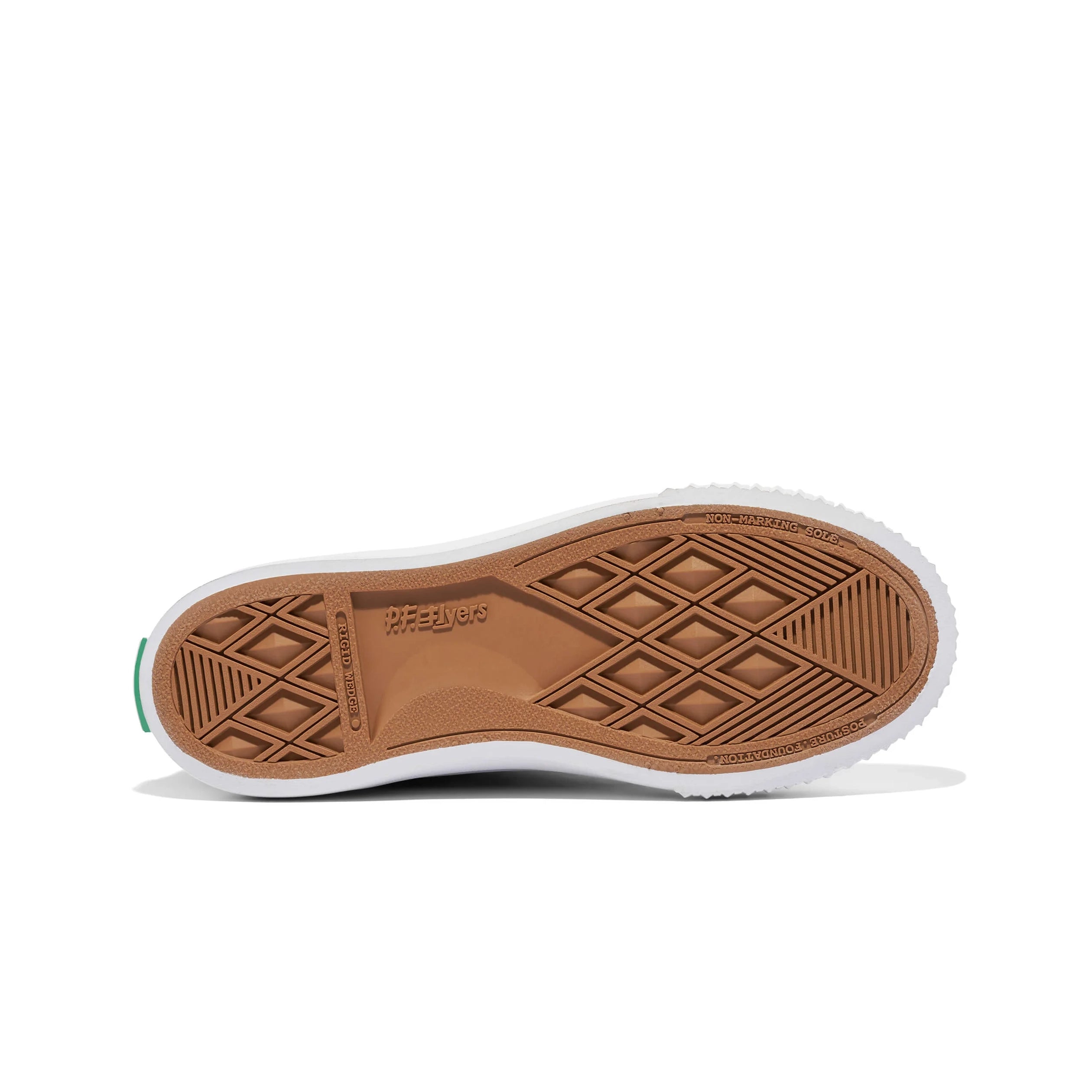 Close-up of a shoe sole with brown tread pattern on a white background