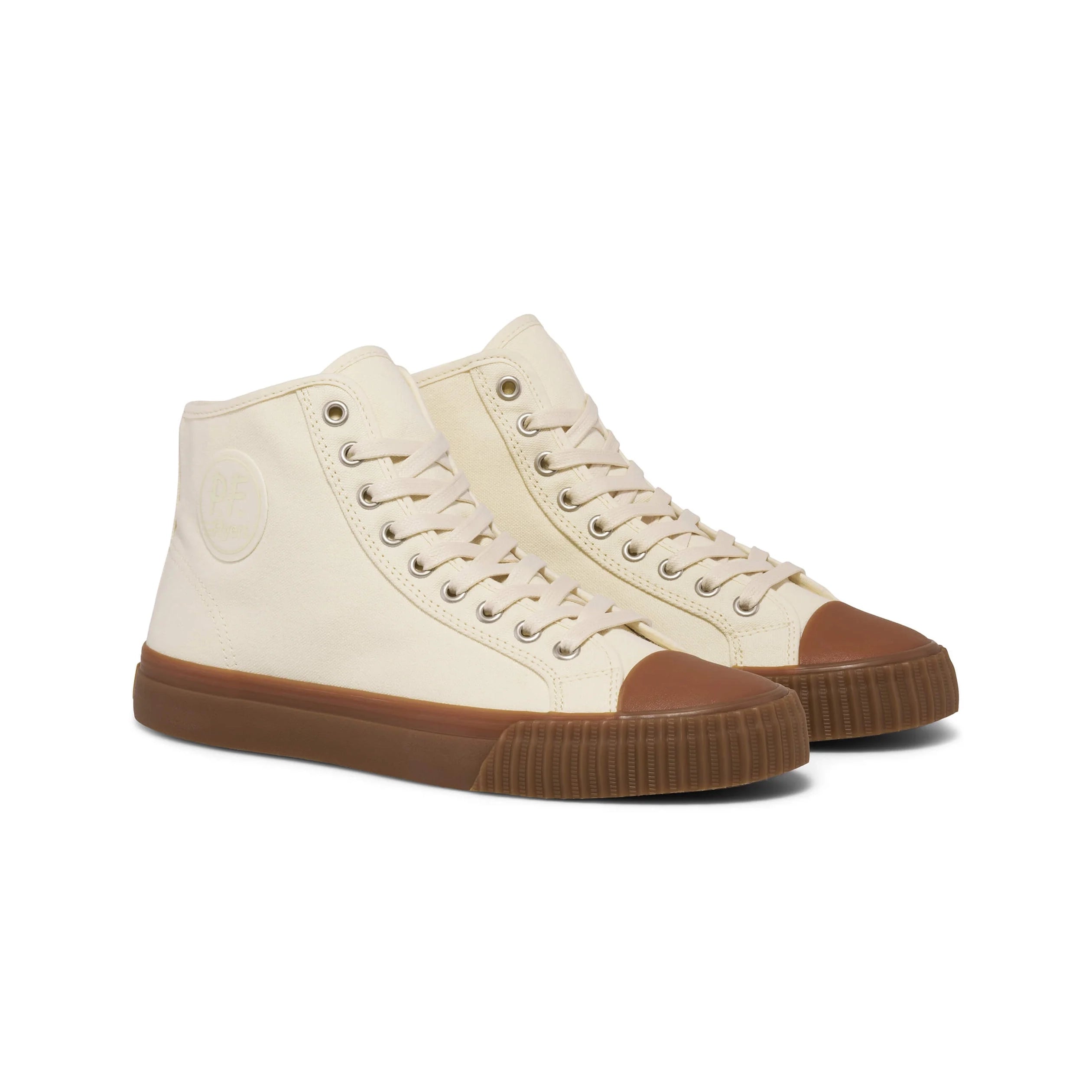 Pair of off white high-top sneakers with brown soles on a white background