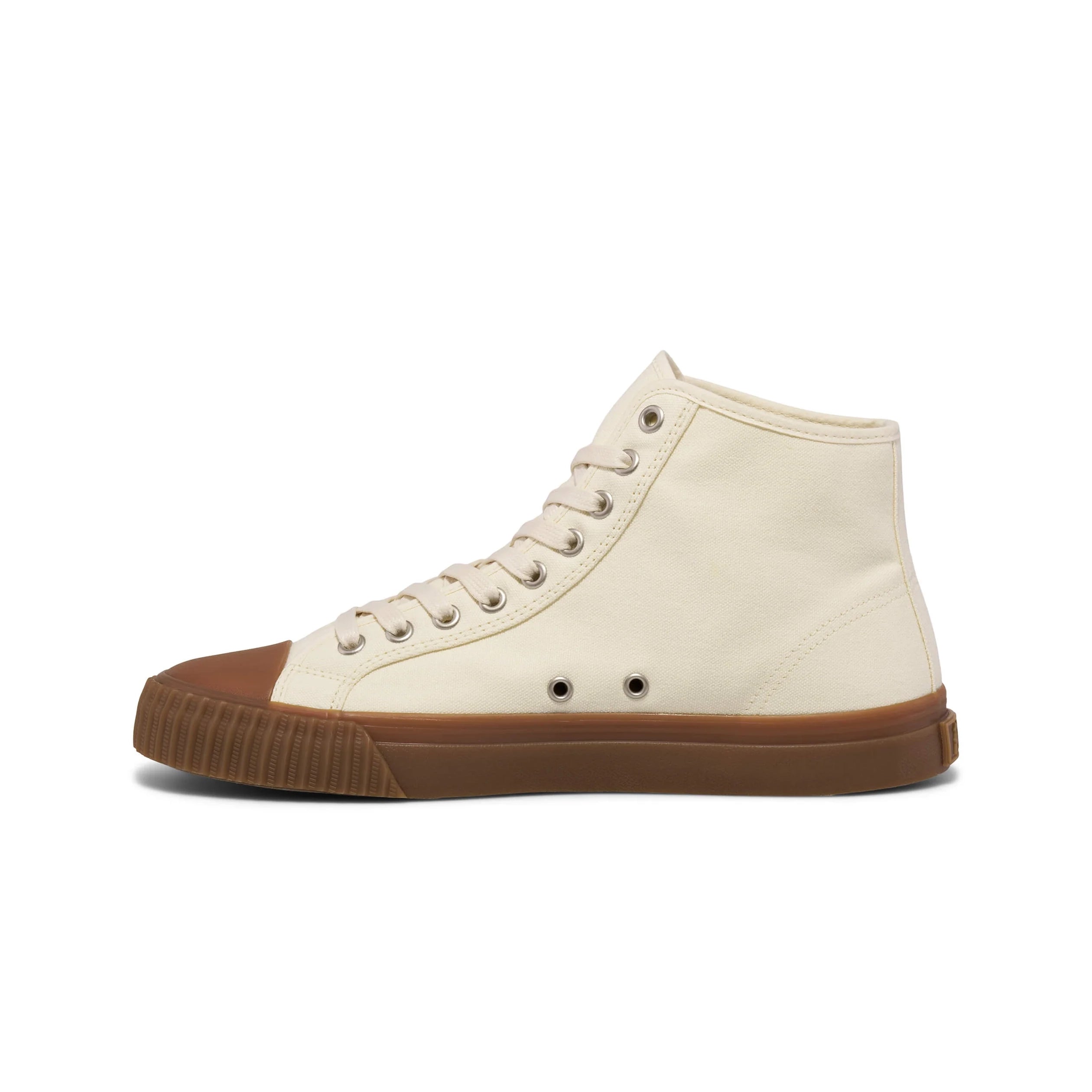 Off White high-top sneaker with brown sole on a white background