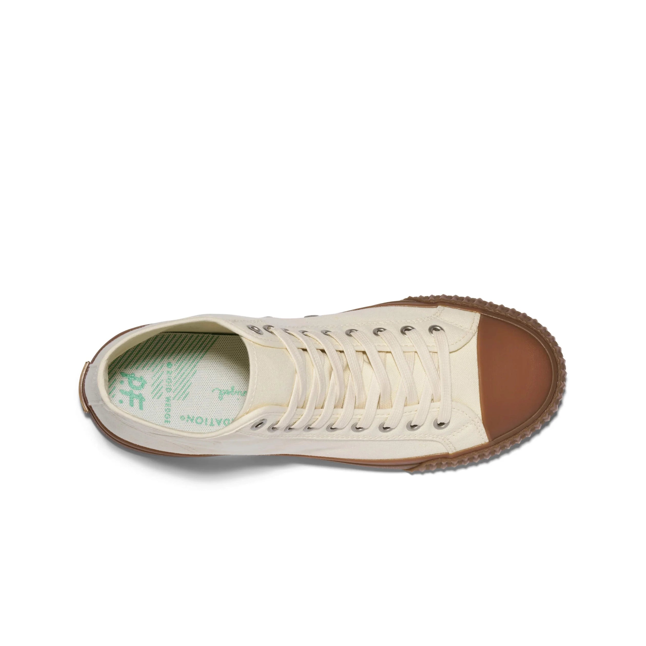 Off White sneaker with brown sole on a white background