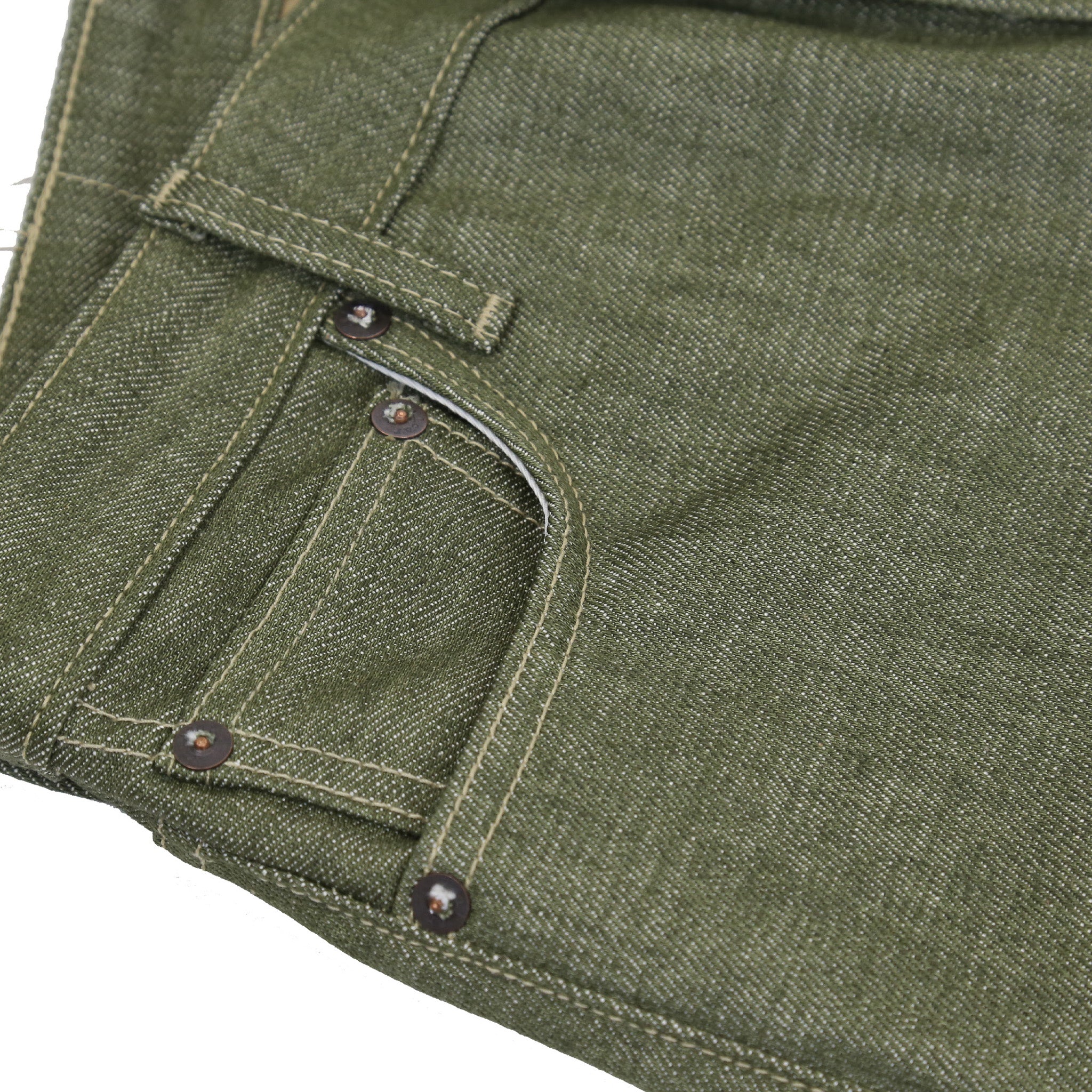 Coin Pocket Detail of A pair of pistachio green, medium high waist, straight leg Railcar Drifter denim jeans