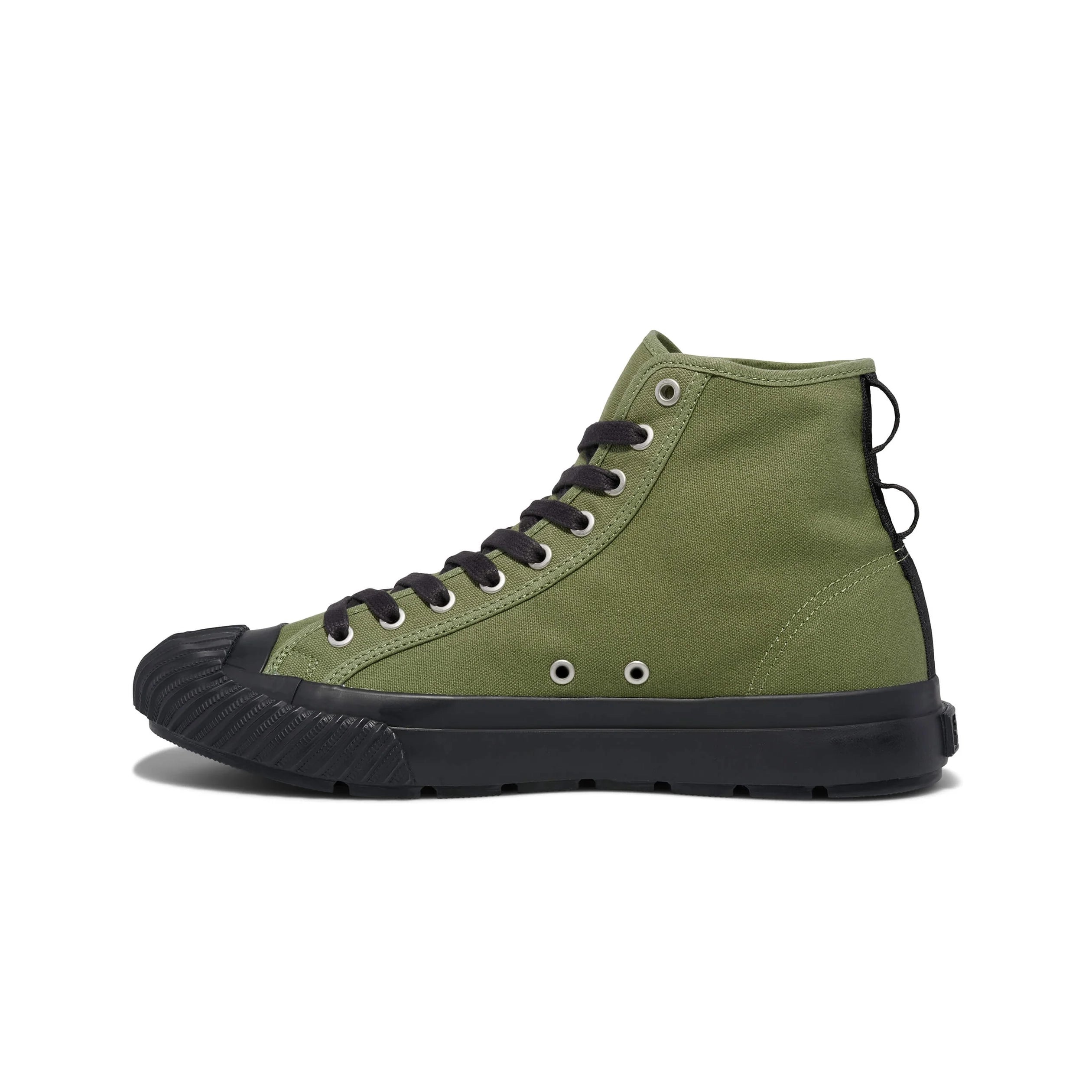 Green high-top sneaker with black soles on a white background