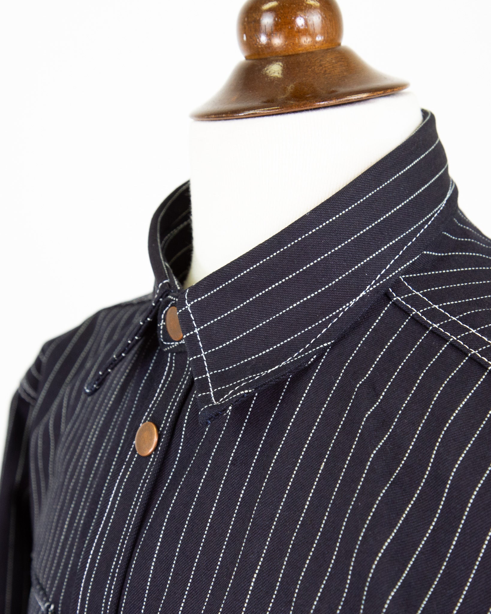 Collar Detail of Eliminator Shadow Wabash 13.75 Oz Dark Indigo Selvedge Shirt