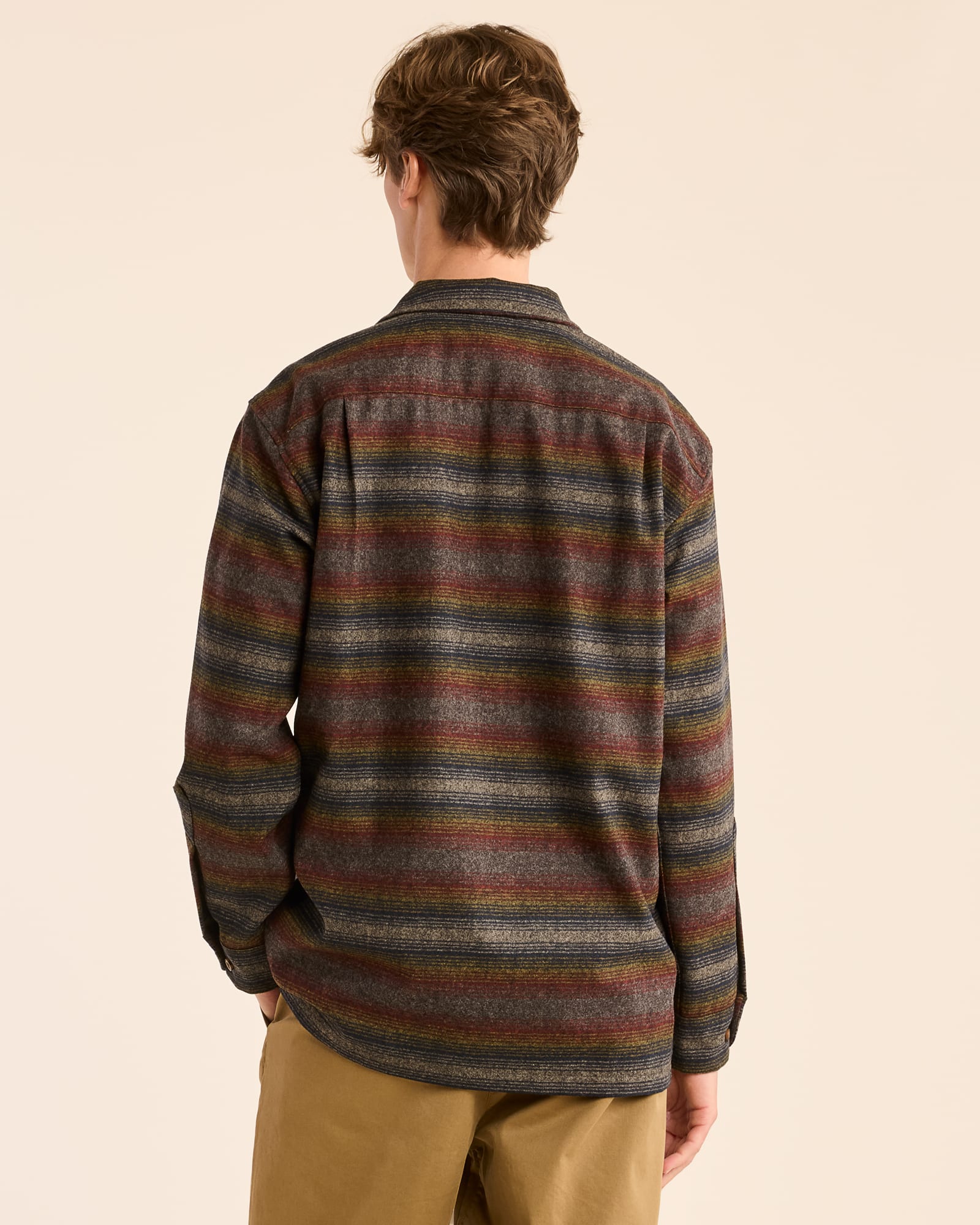 Model Photo of Back of Pendleton Men's Board Shirt - Brown Multi Ombre Stripe